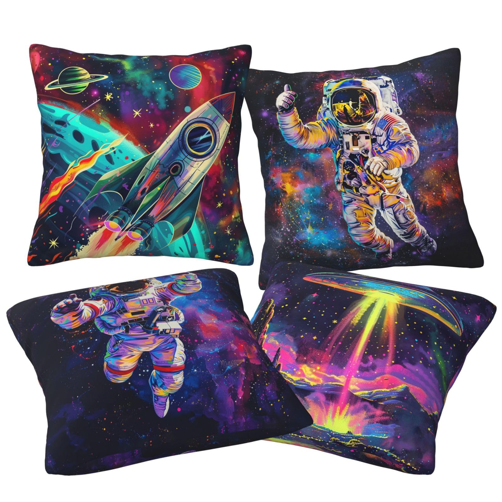 Astronaut Throw Pillow Covers Set of 4 Rocket Spaceship Decor Pillowcase Space Theme Party Cushion Case Pillow Decorative for Couch Sofa Home Office Outdoors 16x16 Inch
