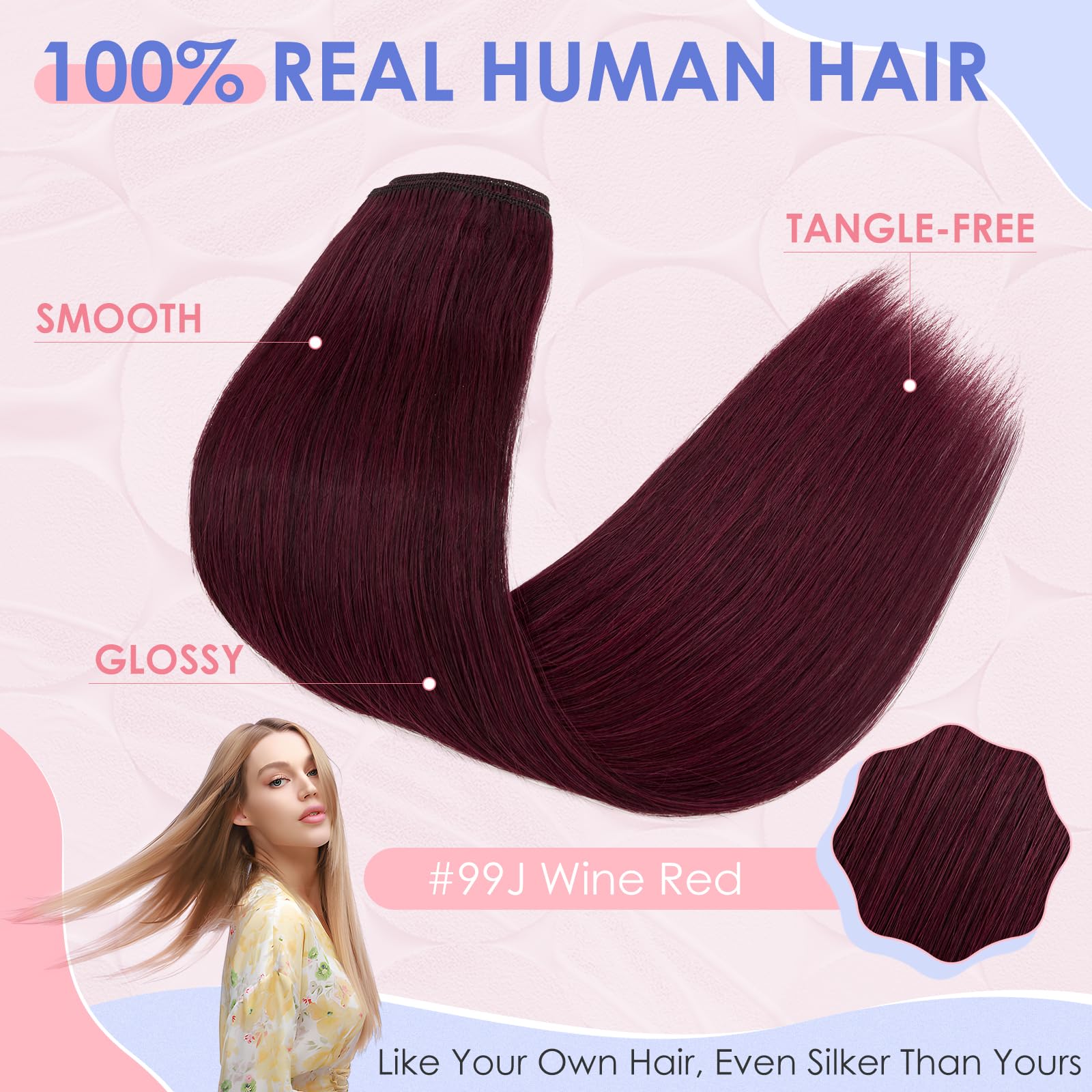 Elailite Clip in Hair Extensions Real Human Hair 8 Pieces Standard Weft Straight - #99J Wine Red - 18 Inch (100 g) - Image 4