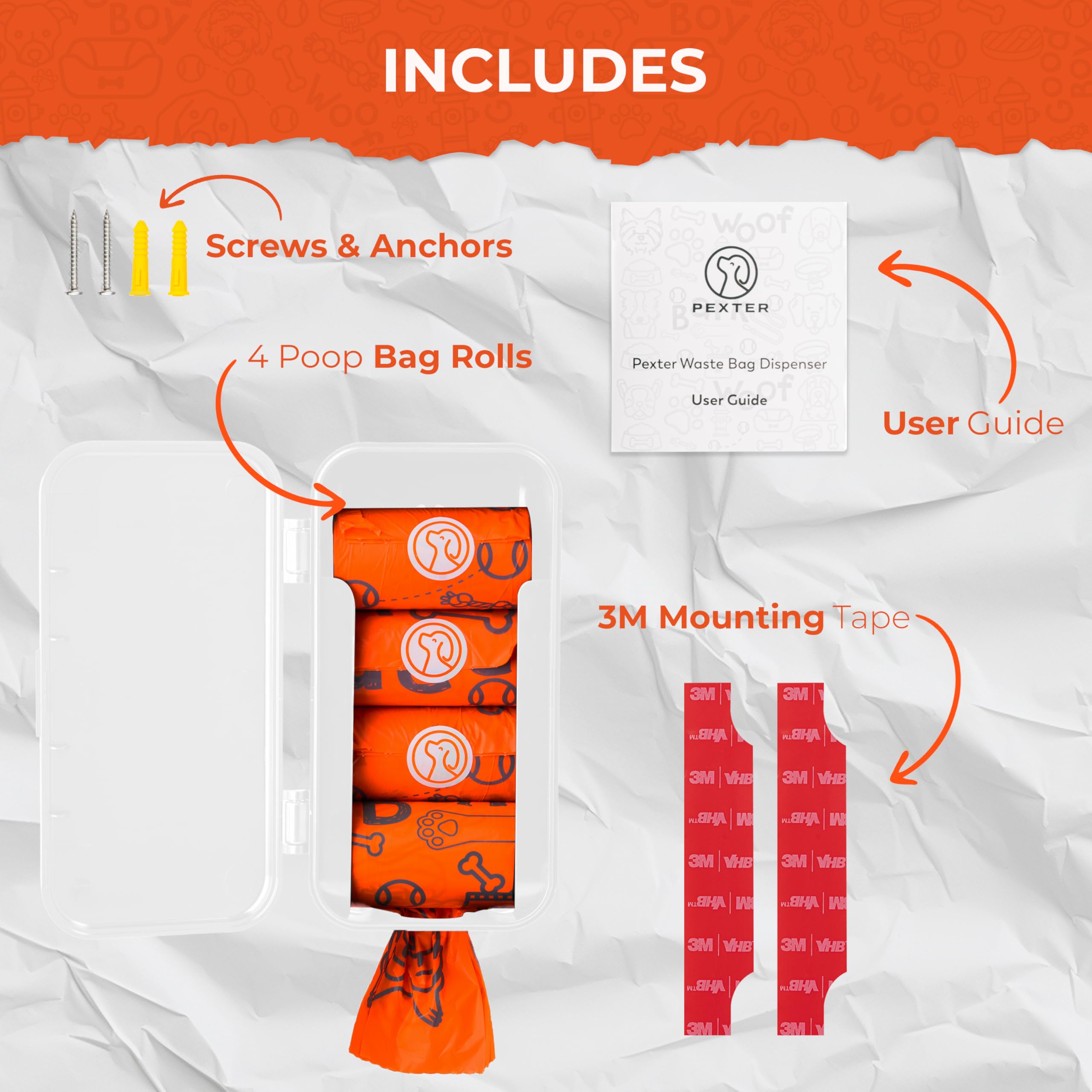 Pexter Dispensador de bolsas para excrementos de perro, estación dispensadora de bolsas de basura para mascotas para exteriores o interiores, montaje en pared adhesivo o atornillado, contenedor de