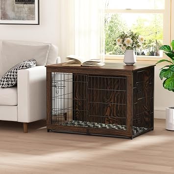 Megidok Wooden Dog Crate Furniture with Cushion, Dog Crate End Table with Tray, Double Doors Dog Crate Furniture Style, Decorative Dog Kennels Indoor 37" L*25" W*26" H, Rustic Style
