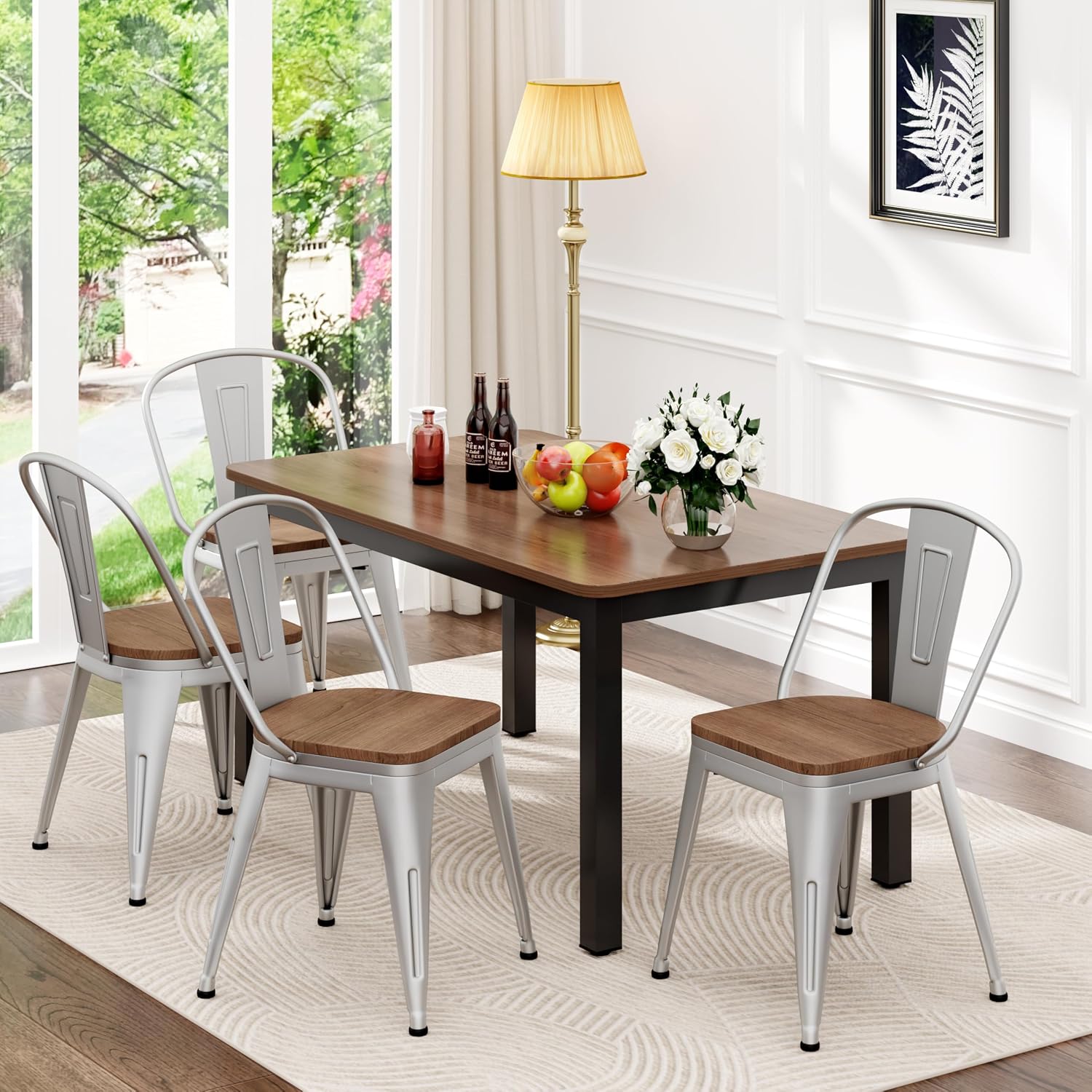 18 Inch Metal Dining Chairs,Arlunar Farmhouse Chairs Set of 4 Black Dining Room Chairs Stackable with Back and Wooden Seat bar stools