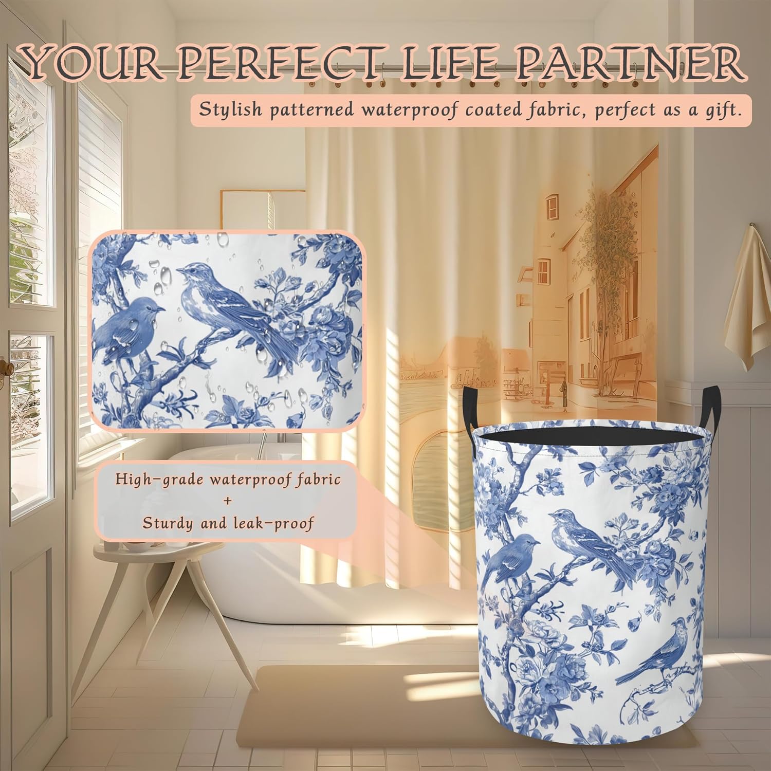 Blue Flower Laundry Basket with Handles,Bird Waterproof Clothes Organizer Bin Collapsible Storage Basket for Bedroom Bathroom Dorm Room 16" x 20.8"