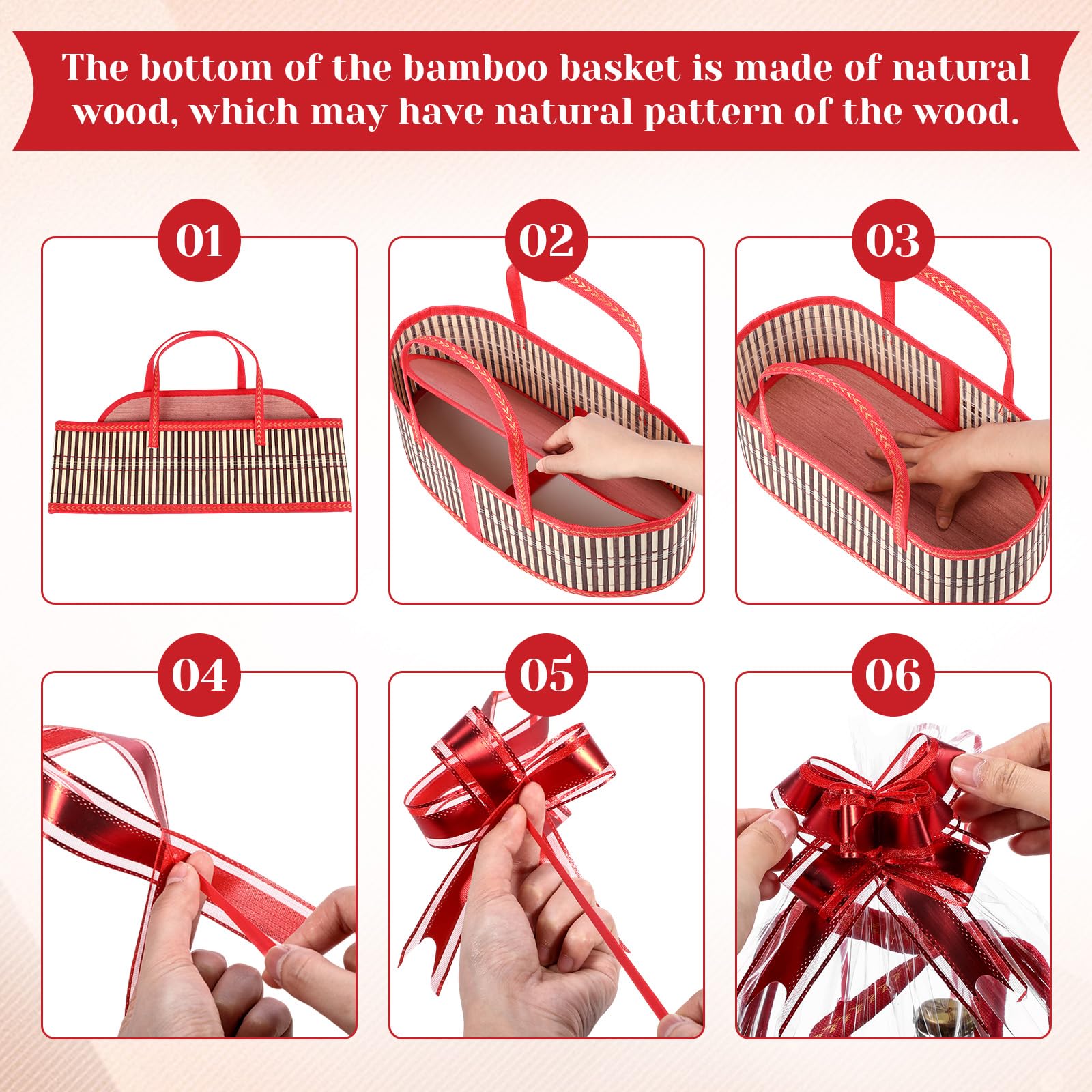 Reallnaive 3 juegos de cestas vacías grandes de bambú tejidas para Navidad, baby shower, fiesta de cumpleaños, cesta de regalo vacía con asas, 15.75 x 7.87 x 6.3 pulgadas, lazos y bolsas de celofán