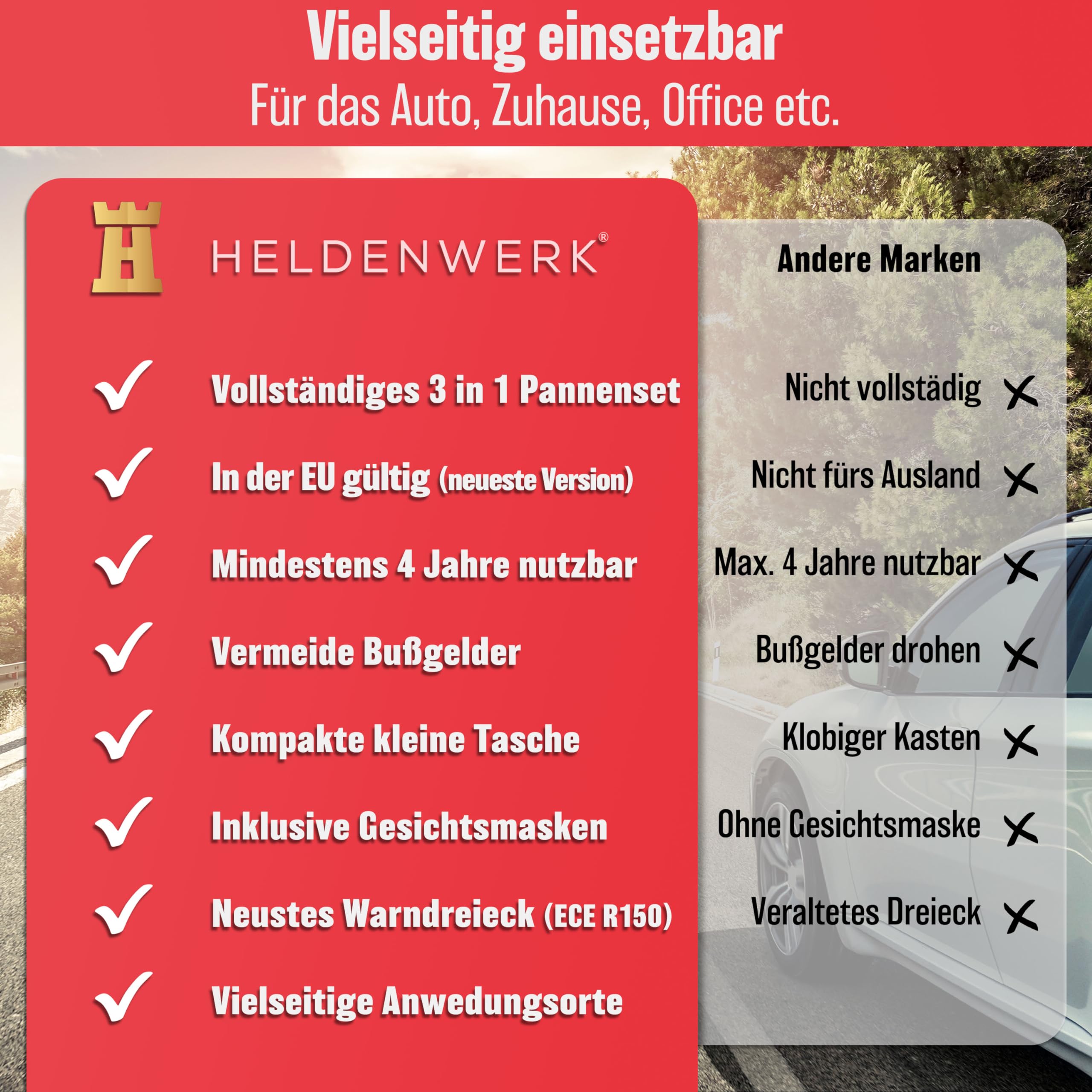 HELDENWERK 3 in 1 Erste Hilfe Set Auto 2026 europaweit einsetzbar & geprüft (StVO konform) I KFZ Kombitasche mit Warnweste, Warndreieck & Verbandkasten I Unfall Zubehör Set, PKW-Notfallset, Pannenset