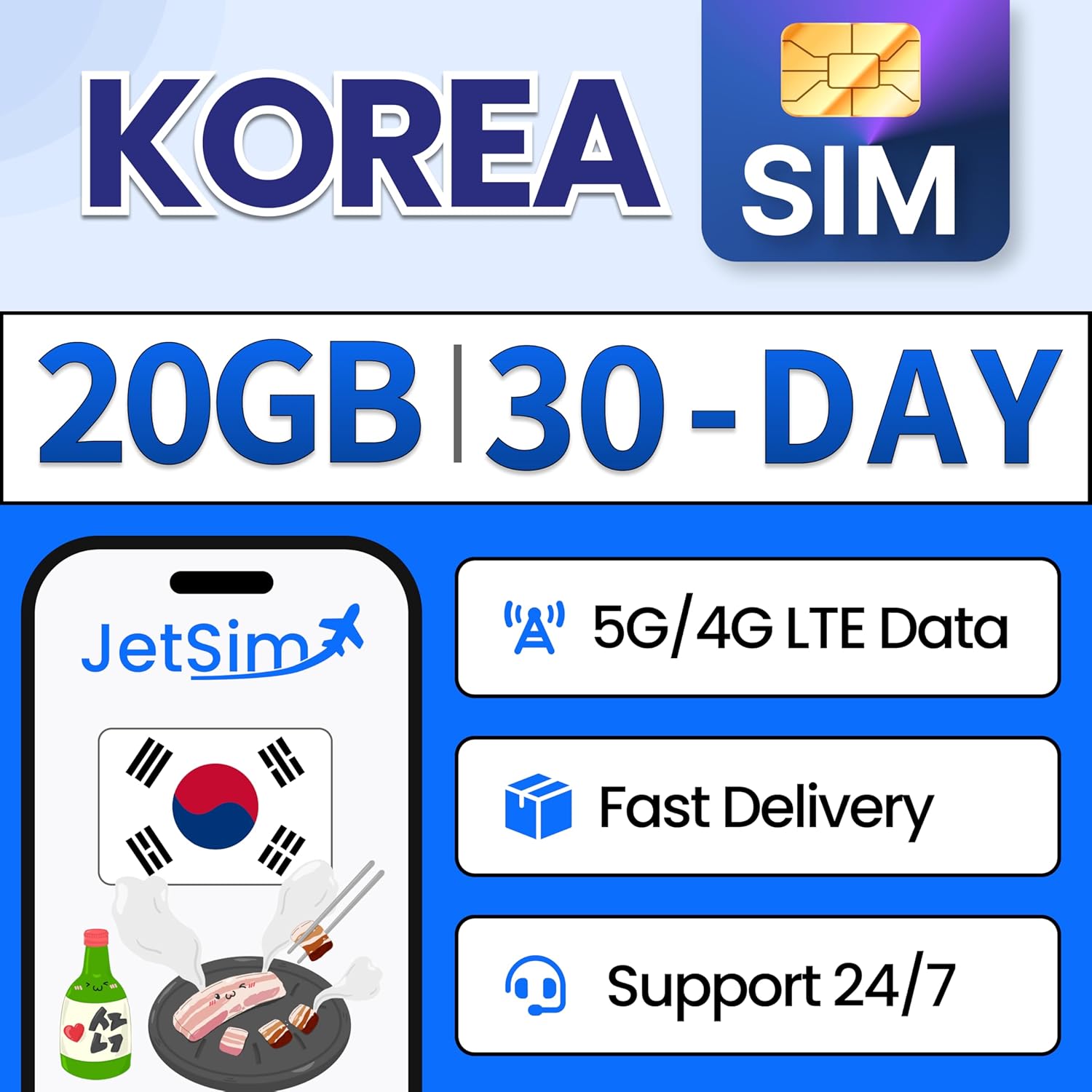 South Korea SIM Card (30 Days), 20GB High-Speed Data, Travel Data SIM Card on South Korea's Top Network SKT, Plug & Play, No Registration Required, Compatible for iPhones & Androids