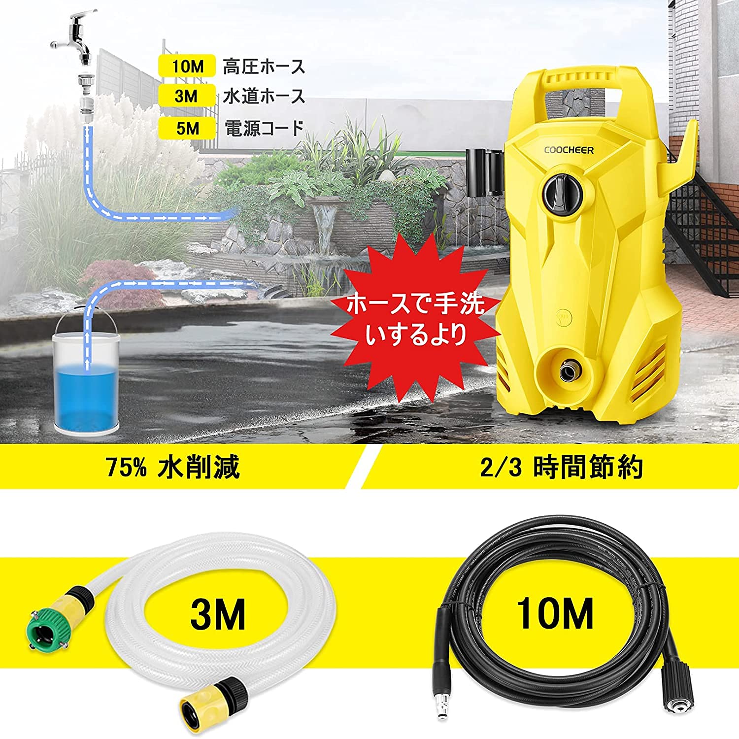 Amazon | COOCHEER 高圧洗浄機 1400W 最大吐出圧力10.5MPa 50Hz/60Hz  