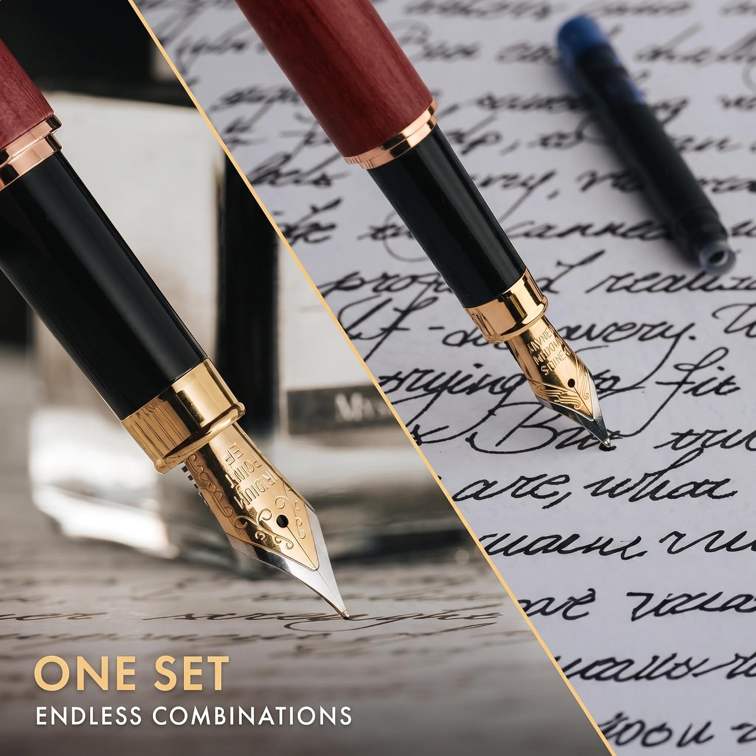 Wordsworth & Black Fountain Pen Set, Luxury Bamboo Wood - Medium Nib, Extra FIne Nib, Gift Case; 25ML Black Ink Bottle, 6 Ink Cartridges, Refill Converter - Calligraphy, Writing [Violet Wood]
