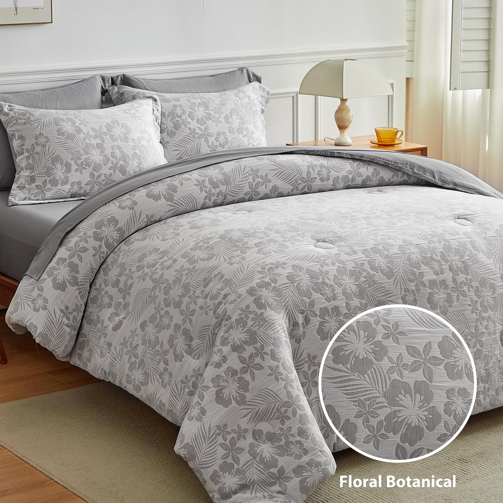 WARMDERN King Comforter Set, White Grey Floral Bedding Comforter Sets, Botanical Flower Leaves Pattern, 7 Pieces Soft Lightweight Yarn Dyed Microfiber Comforter Bed Set for All Season(King, Grey)