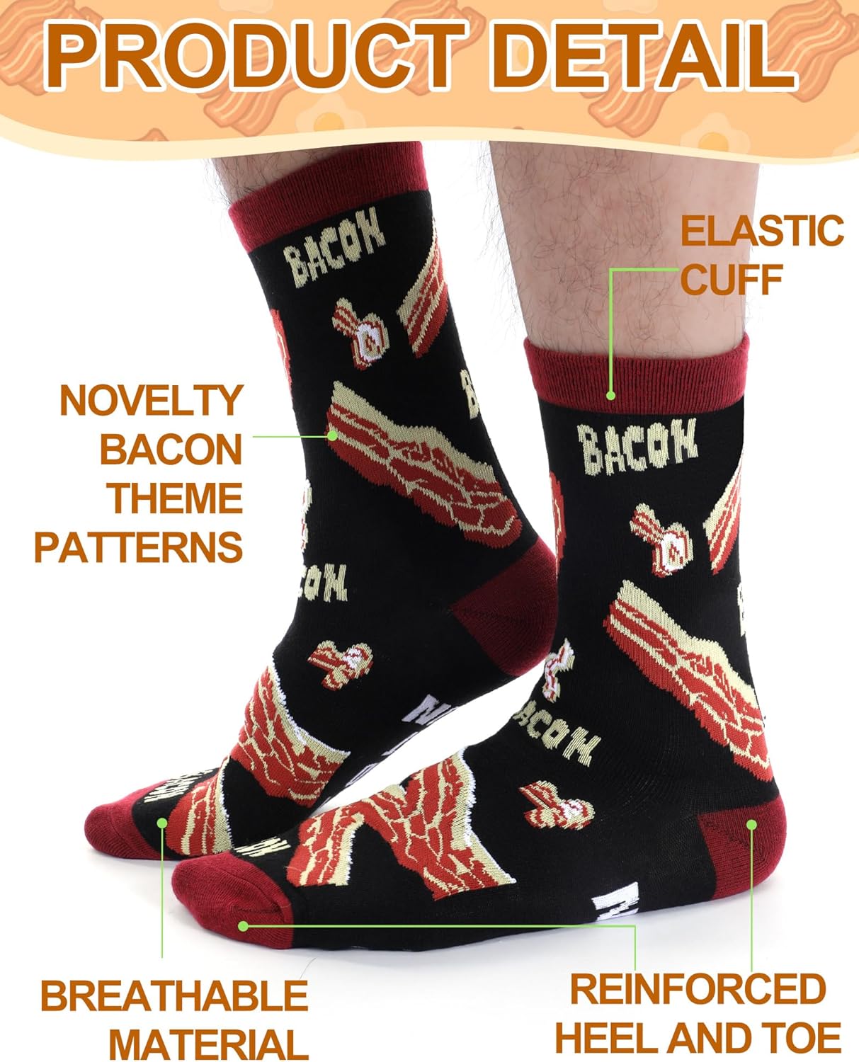 Haysandy 6 Pairs Funny Food Socks for Men Valentine Novelty Snack Socks Lovers Gift for Peppers Bacon Hot Dogs Burger Pizza - Image 6