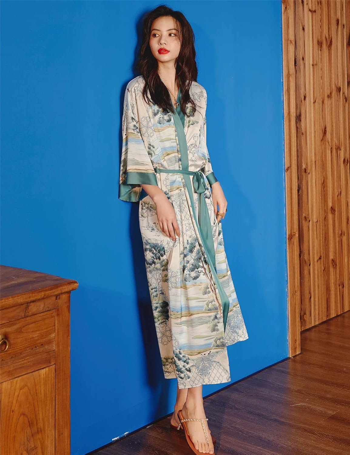 Women's Long Silk Robes Long Satin Robes Long Kimono Robes Floral Silky Bathrobes Dressing Gown, One Size - Image 5