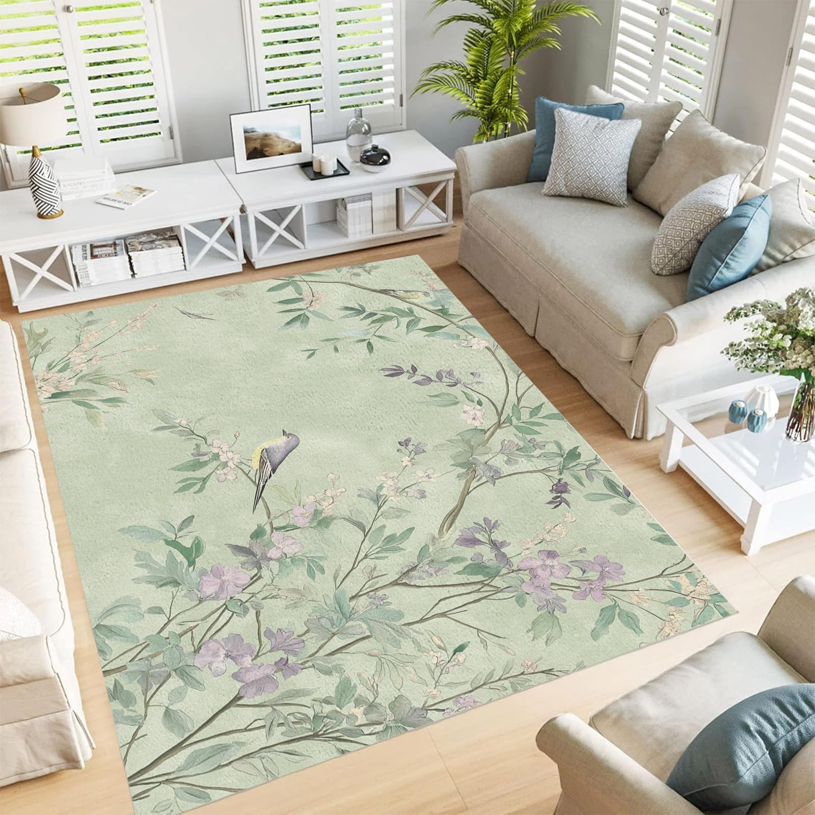 Tapis salon lavable 240x300 antidérapant avec motif oiseaux et fleurs