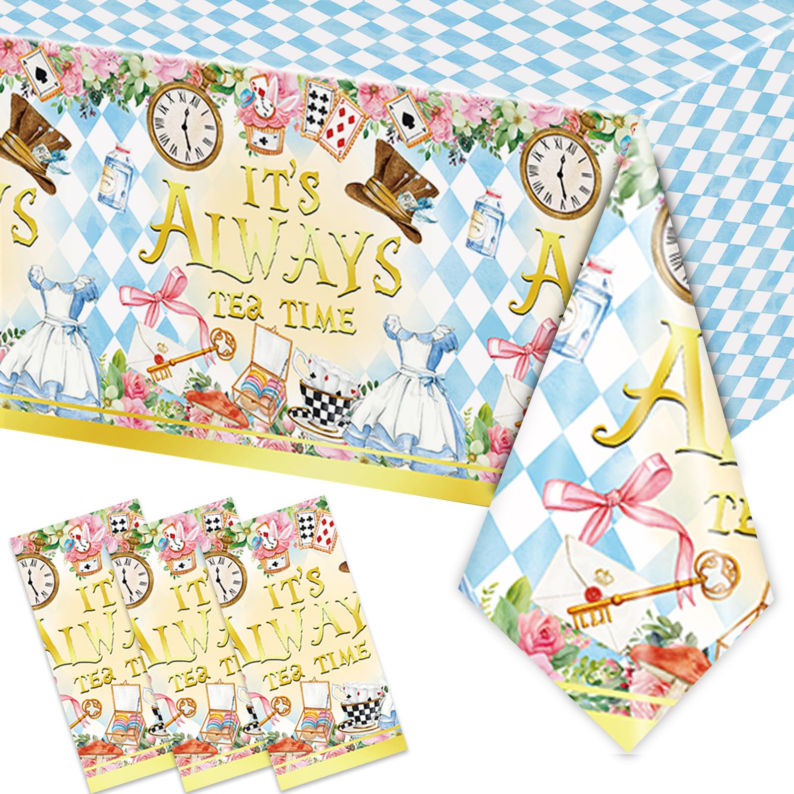 Rejoice Bunny 3PCS Alice in Wonderland Themed Party Tablecloth for Girls Boys Babyshower Kids Blue Birthday Party Decorations Mad Hatter Tea Party Disposable Tablecloth