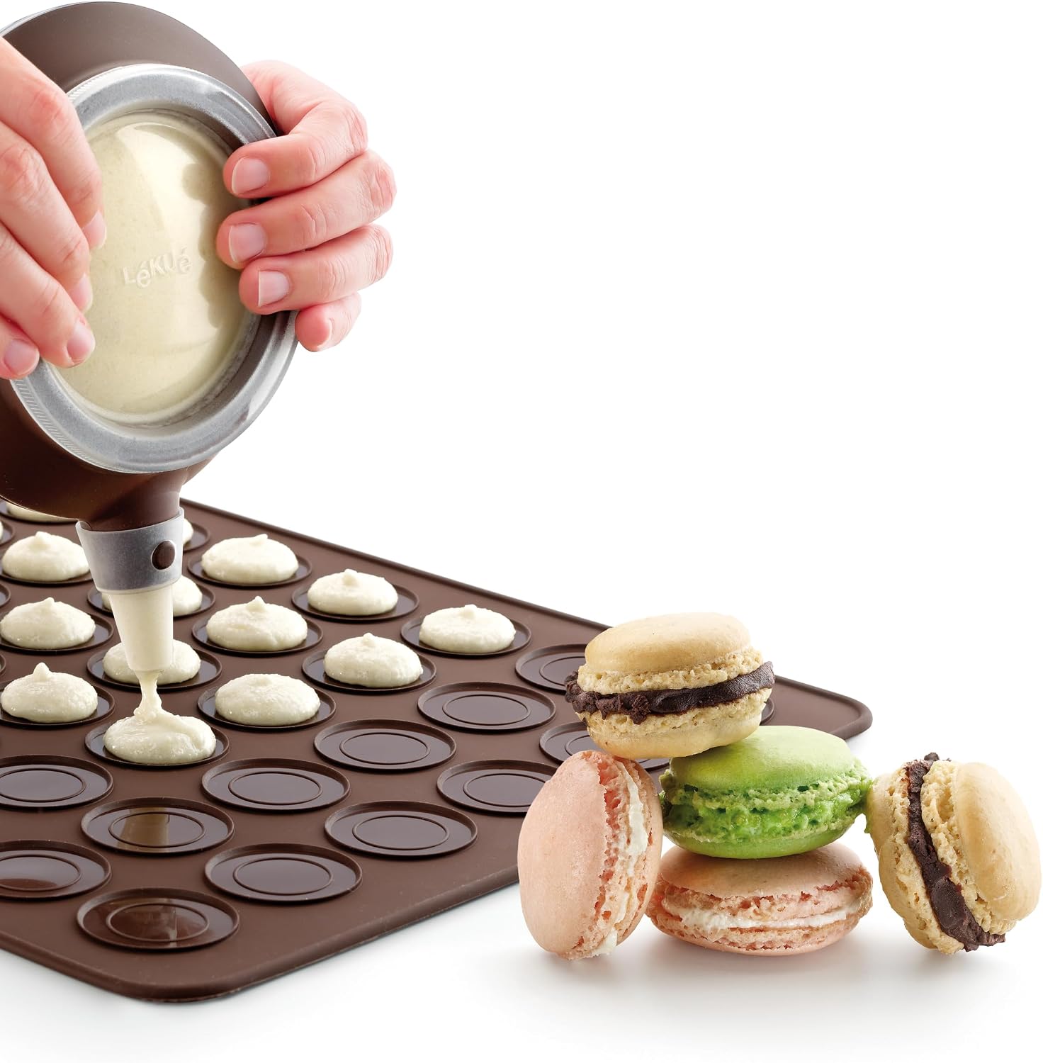 Lékué Macaron Baking Mat with 24 Moulds (Brown) 100% Silicone, Non-Stick, Dough Baking Tray for Oven/Microwave Cakes, Foldable, Dishwasher-Safe, Recipe Book Included
