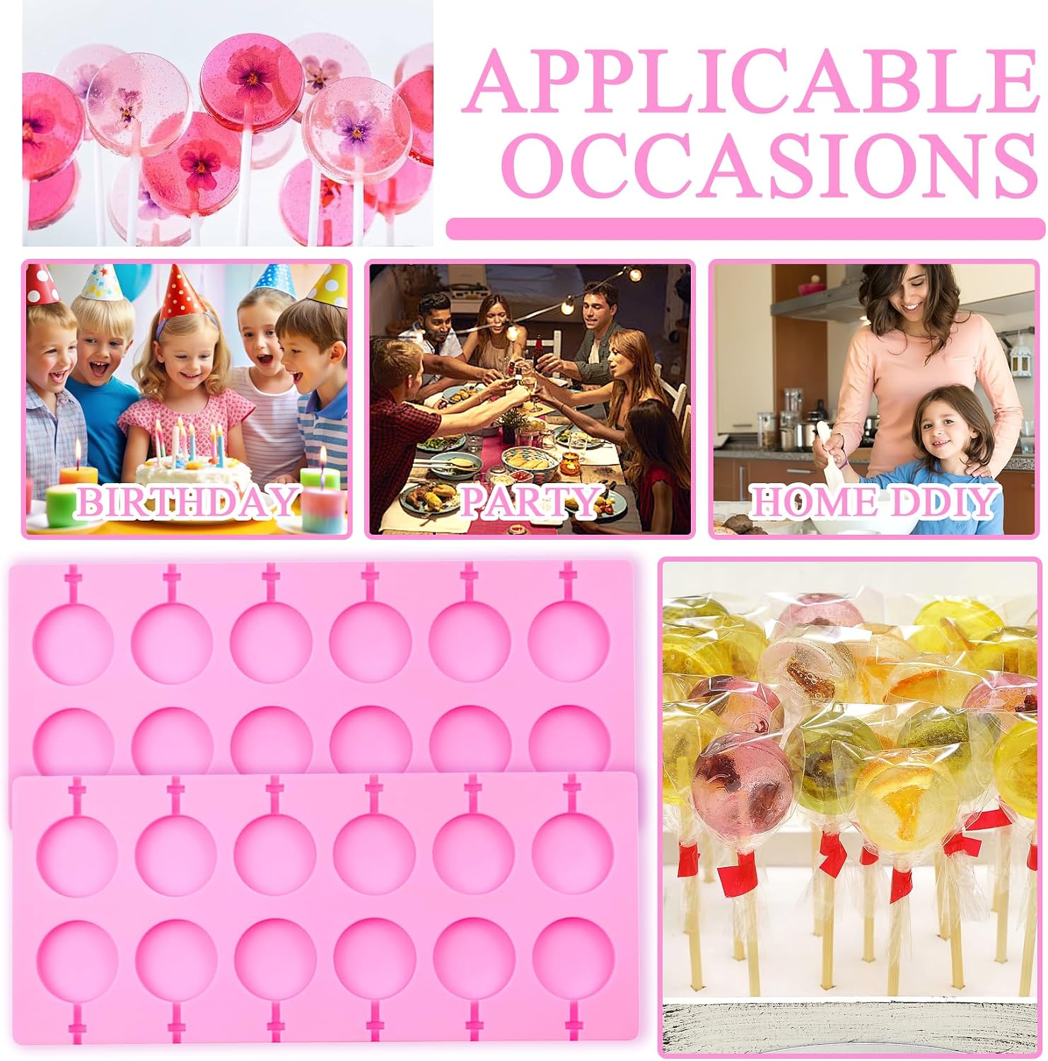 2Pcs Silicone Hard Candy Chocolate Molds, Round Non-stick Silicone Lollipop Sucker Mold Making Kit with 20 Sticks, 100 Count Golden Ropes and 100 Bags, for Candies, Panels, Jellies, Bread, Etc. A2