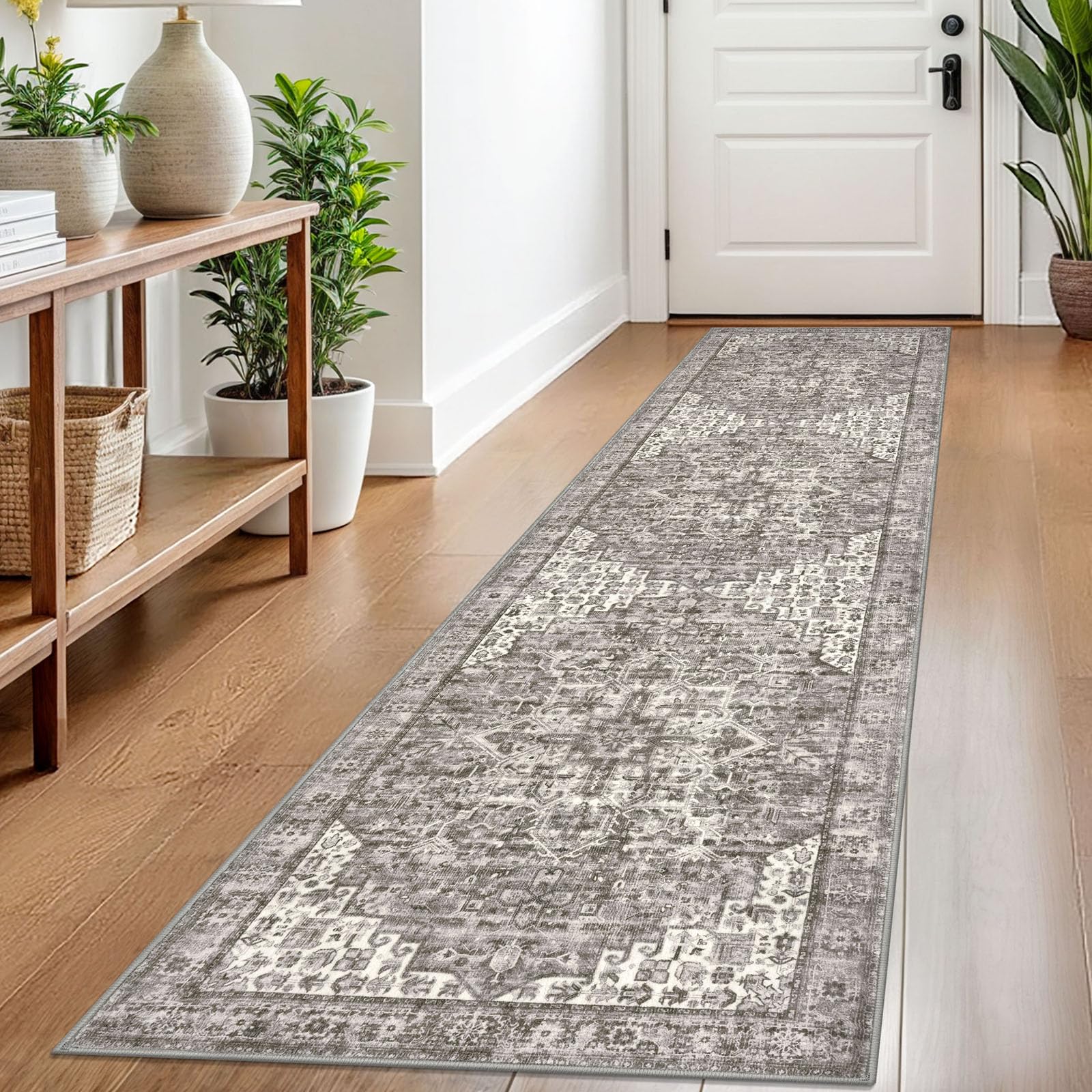 SIILOOM 2x8 Runner Rug for Hallways, Taupe Non-Slip Printed Washable Kitchen Runners, Vintage Boho Rugs with Non-Shedding, Medallion Floor Carpet for