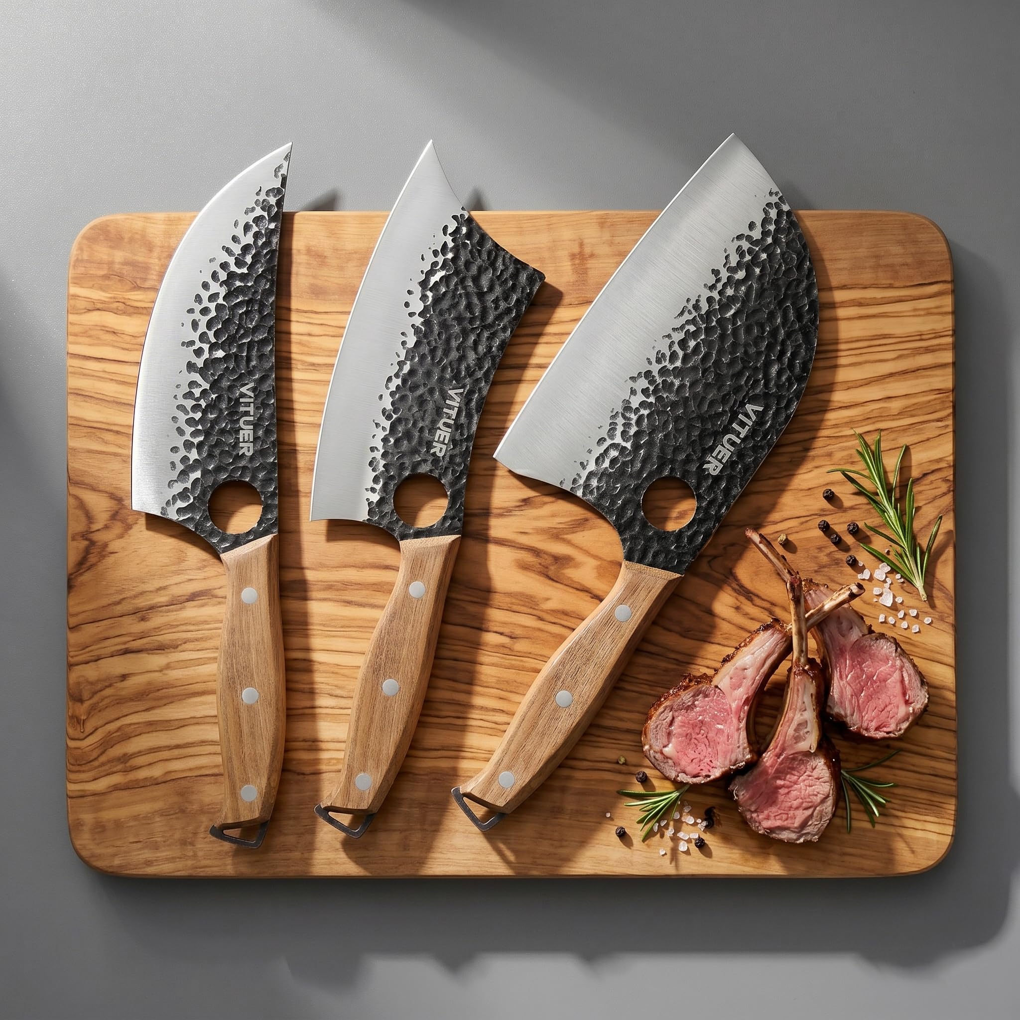 3PCS Butcher Knife Set, Hand Forged 7" Butcher Meat Cleaver, 7" Serbian Chef and 6.5" Viking Knife, Great for Indoor & Outdoor (Stylish Pattern Design) — Amazon image 9