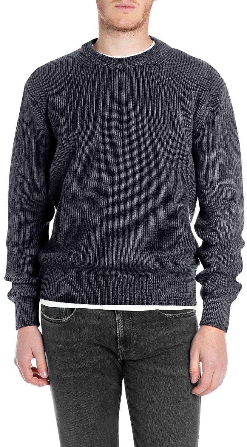 Replay Men's Fisherman Cotton Crew Neck Jumper Blue Large