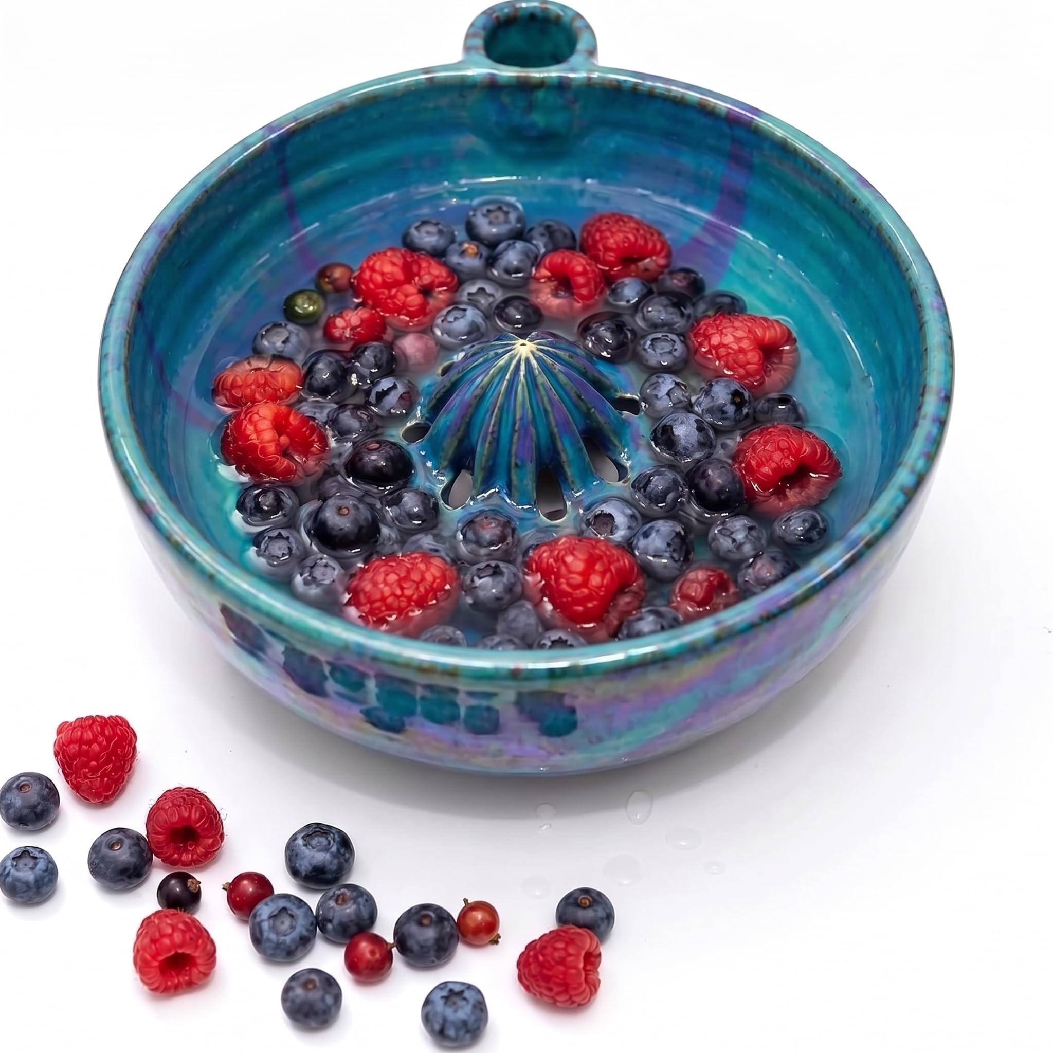 Artisan Self Spinning Berry Washing Bowl with Strainer and Colander, Fruit Washer Spinner for Cleaning Berries & Vegetables (Blue)