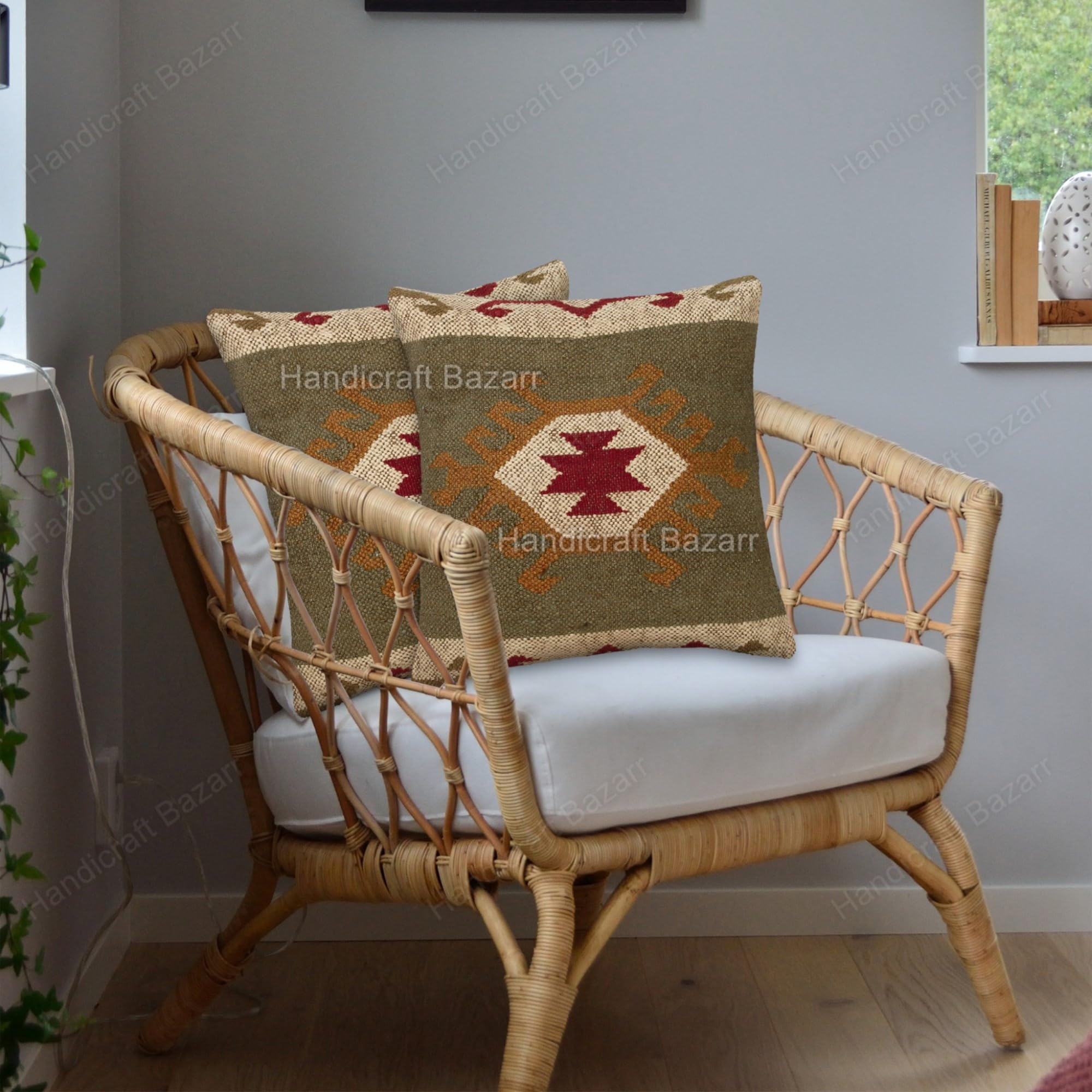 Handicraft Bazarr Set of 2 Pcs Vintage Ethnic Wool Jute Pillow Cover Rustic Artful Euro Oriented Kilim Cushion Case Farmhouse Indoor Outdoor Decor 18x18 Inch (Multi 06)