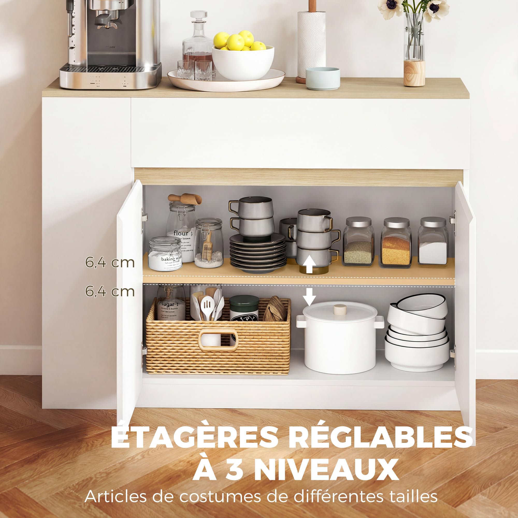 HOMCOM Buffet, Meuble de Rangement, avec Placard 2 Portes, étagère réglable, 2 tiroirs, 3 étagères Ouvertes, 110 x 29,5 x 82 cm, pour Salle à Manger, Salon, Cuisine, Blanc