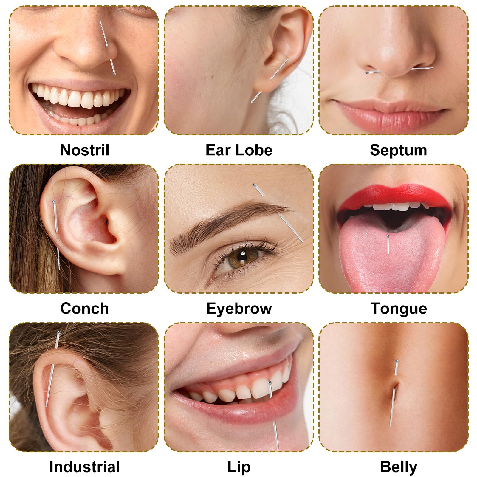 Tucnoeu 18 sztuk igieł do piercingu, 14 – 20 g, pomoc do piercingu, stal nierdzewna, pomoc w wprowadzaniu do uszu, nosa, warg, pępka i wielu innych