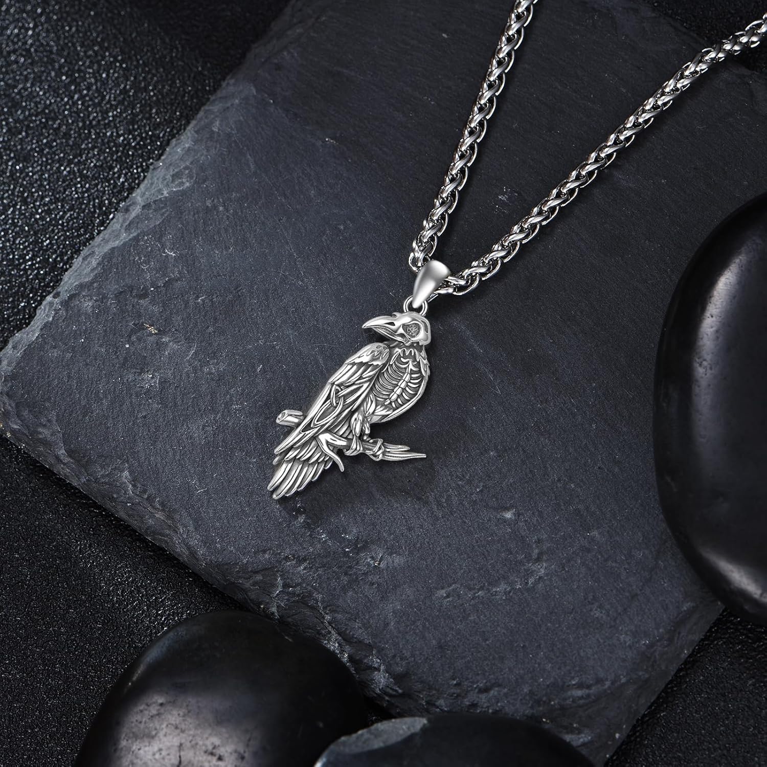 Raven Necklace 925 Sterling Silver Raven Skull Crow Pendant Gothic Jewelry for Men, w/Stainless Stain 22"+2" - Image 2
