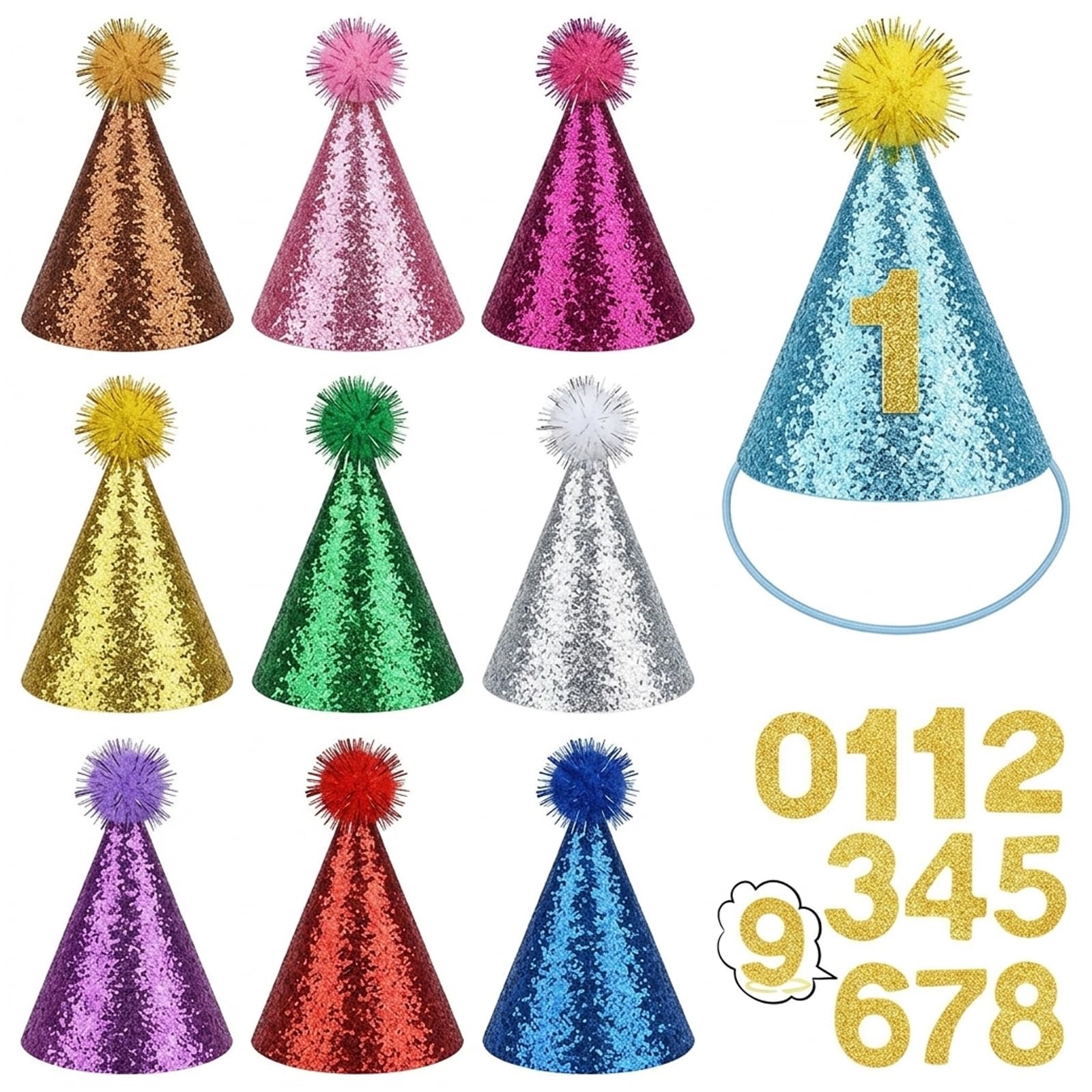 10 Pack Party Hats, Mini Party Hats, Glitter Pet Celebration Headwear with Number Stickers, with Adjustable Headband, for Birthday Parties and Special Occasions, for Dogs, Cats, Puppies