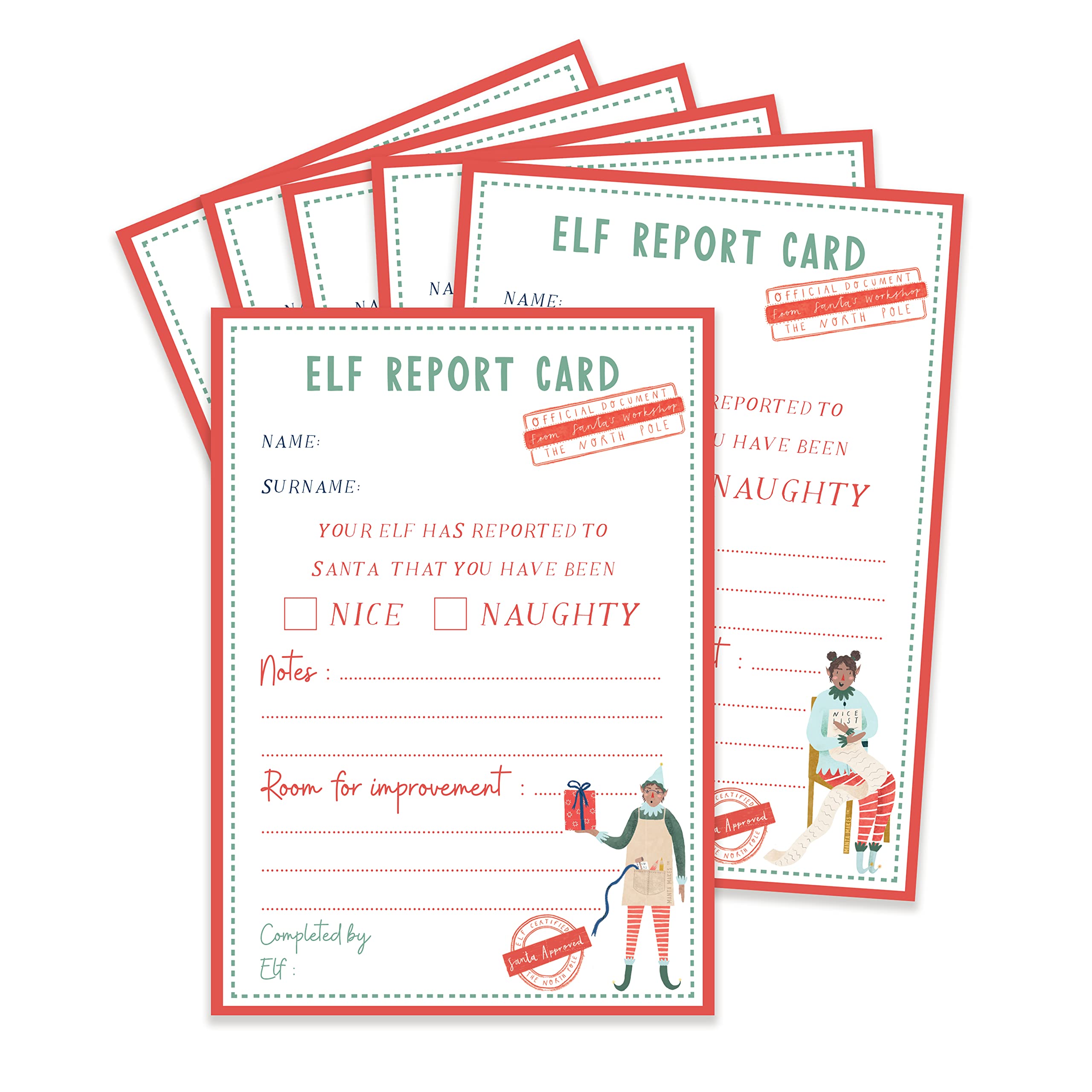Elf report cards - Pack of 25 | elf reports for children at Christmas | christmas elves naught or nice report | welcome arrival accessories for the elf