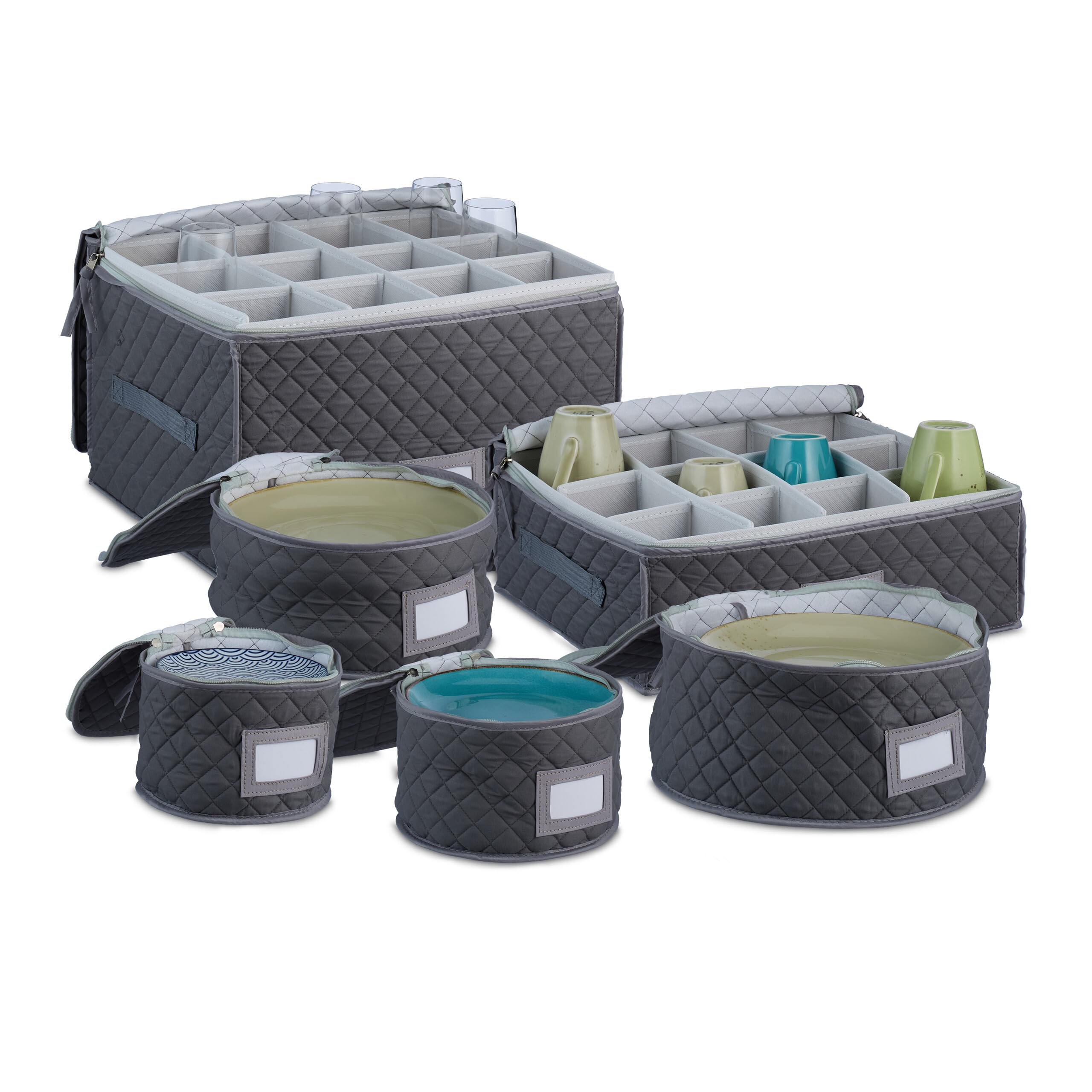 Relaxdays Boîte de Rangement pour la Vaisselle, Set de 6, pour 12 Assiettes, Verres et Tasses, rembourrée, Gris