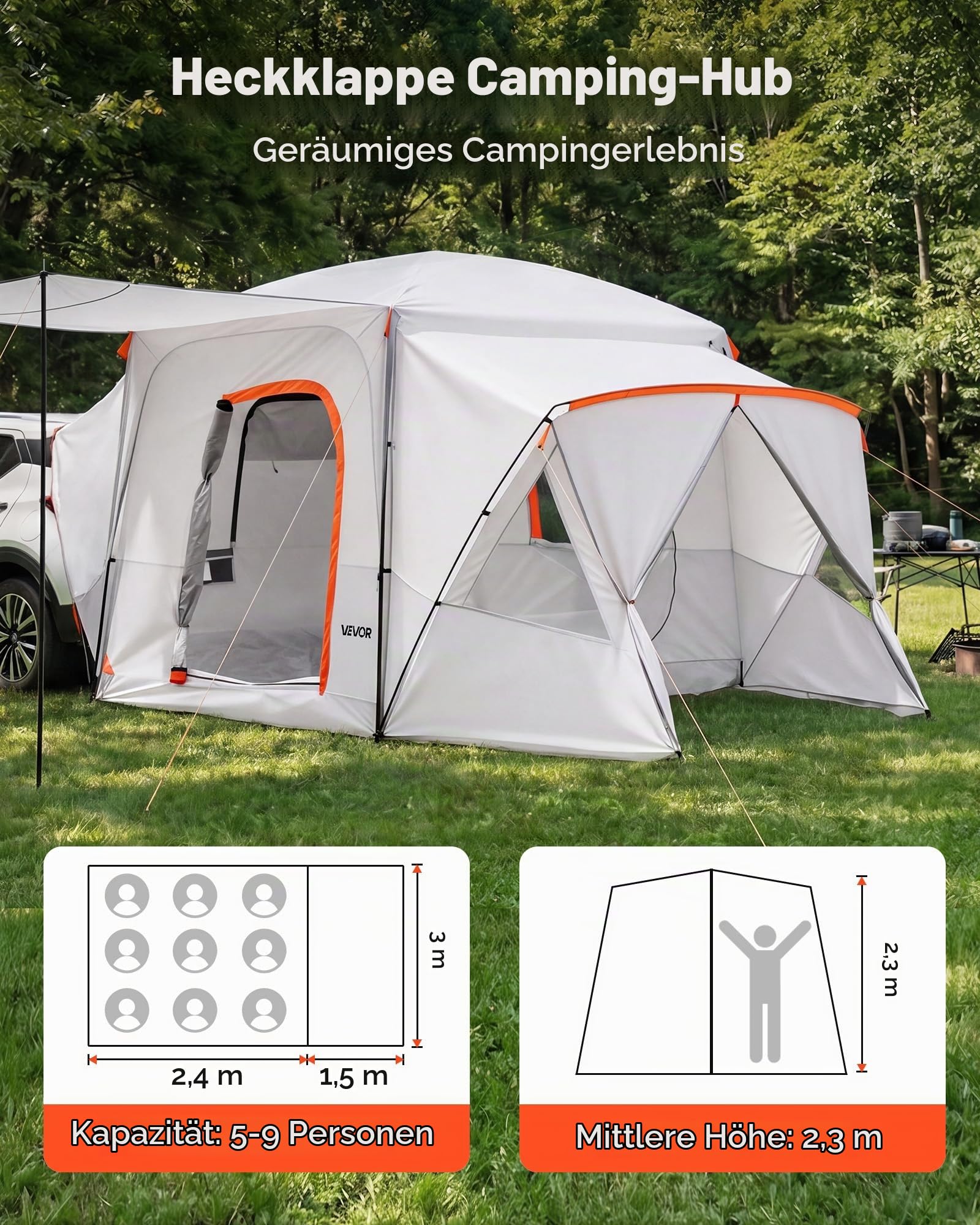VEVOR Heckklappenzelt Autozelt für 5-9 Personen 3964 x 3050 x 2330 mm, Wasserdichtes (PU2000 mm) Campingzelt mit Belüftungsfenstern, SUV-Heckzelt für Camping Wandern Outdoor-Aktivitäten