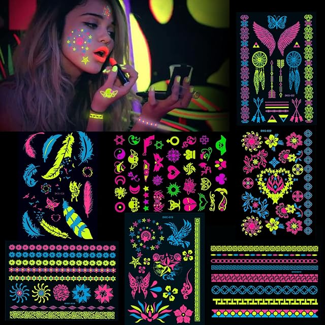 Konsait 7 Large Sheets Neon Temporary Tattoos, 100+ Shimmer Designs Glow UV Neon Body Face Skin Tattoo Jewellery Tattoos Flash Fake Waterproof Tattoo Stickers for Women Girls Body Art