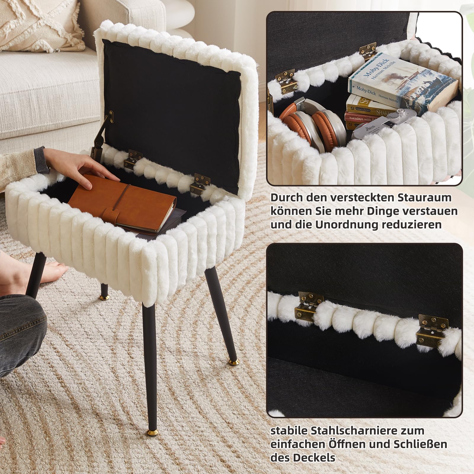 Aibiju Hocker, Stuhl für Schminktisch, Samt, rechteckiger Fußstützenhocker, Ottomane, Make-up-Hocker mit Stauraum, für Zuhause, Wohnzimmer, Umkleidekabine, Schlafzimmer, Weiß YD-MS151W