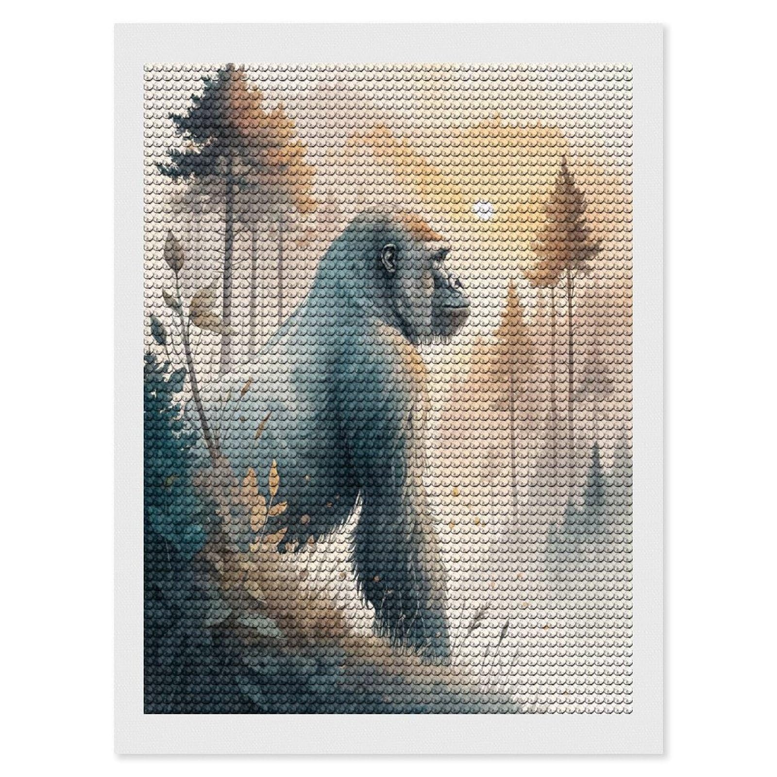 Junmoney Gorilla in A Misty Forest at Sunrise DIY Diamond Art Canvas Kit 12"x16", Adhesive Canvas, Easy to Enjoy, Farmhouse Decor, Festive Craft Gift