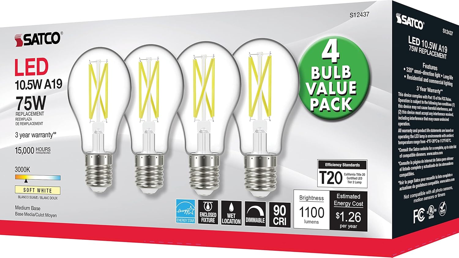 Satco S12437 A19 LED 4-Bulb Value Pack, 75W Replacement, 3000K, Clear