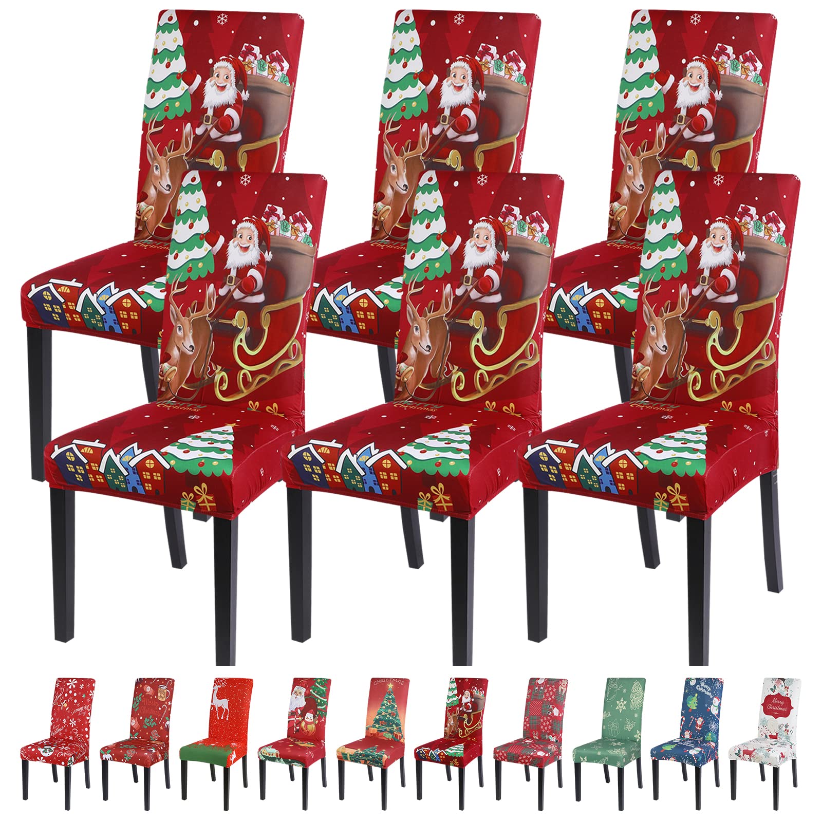 Ryoizen Fundas de Sillas de Navidad,6 Piezas Protectora de Sillas Comedor Ajustable Universal,Fácil de Instalar e Lavar,Fundas de Sillas Elásticas para Cocina, Hotel,Restaurante,Fiesta,Hogar Decor