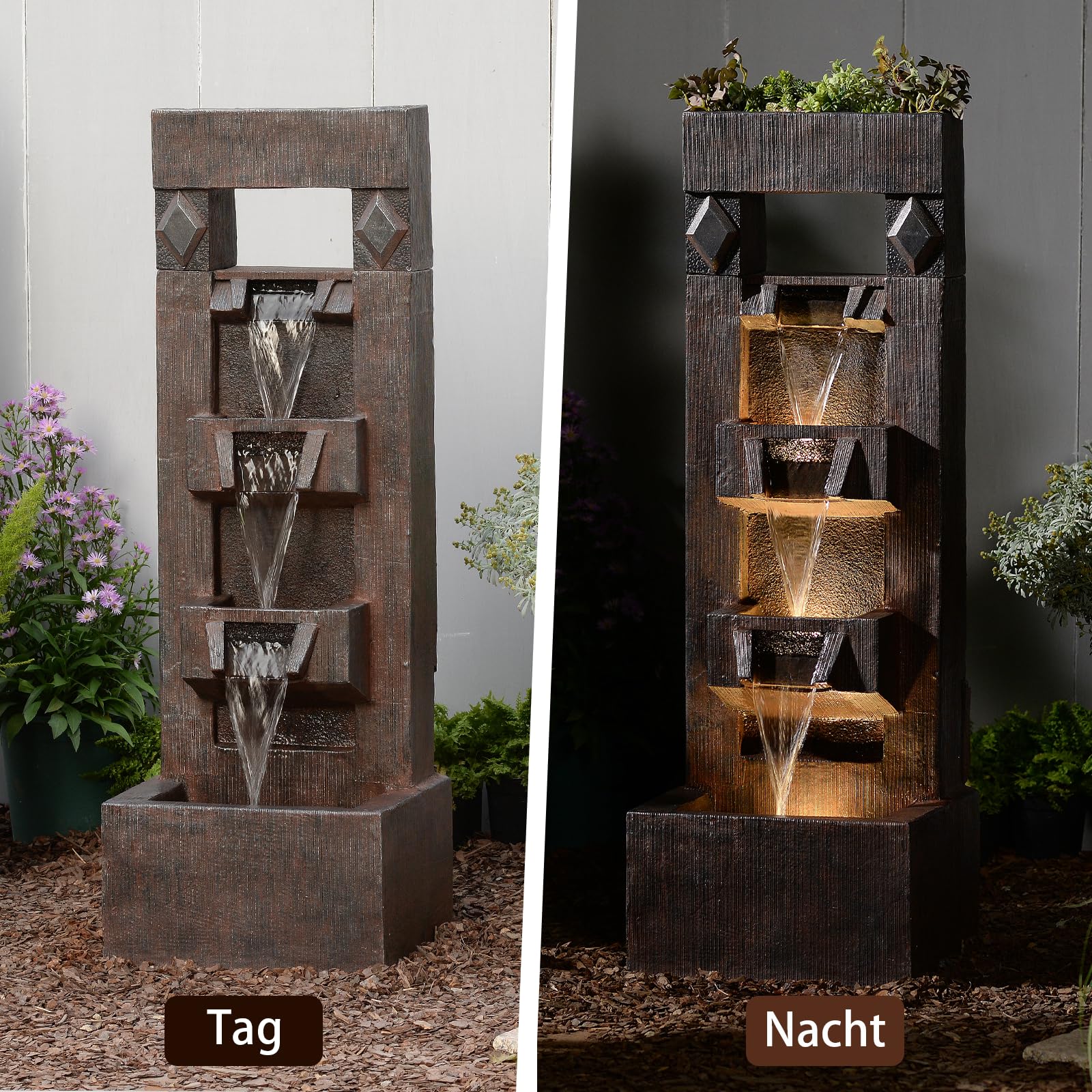 Bumilgar 104 cm Gartenbrunnen, 4-stufiger Wasserbrunnen aus Kunstharz, moderner freistehender Wasserfall mit LED-Lichtern für Terrasse, Garten, Deck, Veranda und Heimdekoration, Braun