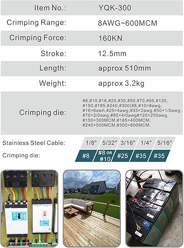 Miniatura 3 de AMZCNC Juego de herramientas de prensado profesional de cable hidráulico de 16 toneladas, crimpadoras de 8 AWG a 600 MCM, herramienta de prensado de