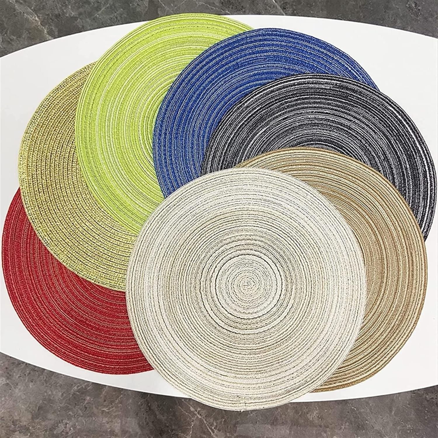 Round Placemats and Coasters Set Braided/Woven Kitchen Place Mat for Dinning Table Washable Indoor/Outdoor(WP Blue,12 Sets)