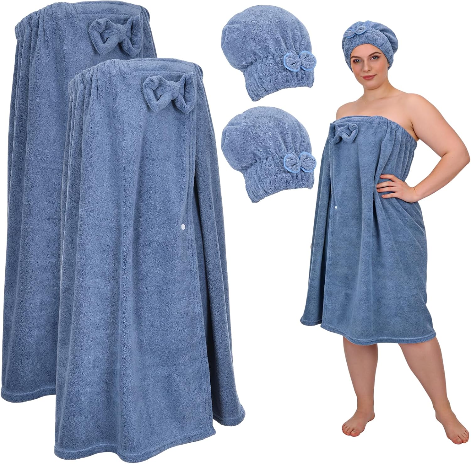 2 Sets Plus Size Bath Towel Wrap for Women with Hair Drying Towel Plush Bath Robe Adjustable Shower Wrap Dress Spa Bathrobe Set for Ultimate Comfort and Convenience, Blue (2, Blue)