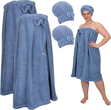 2 Sets Plus Size Bath Towel Wrap for Women with Hair Drying Towel Plush Bath Robe Adjustable Shower Wrap Dress Spa Bathrobe Set for Ultimate Comfort and Convenience, Blue (2, Blue)