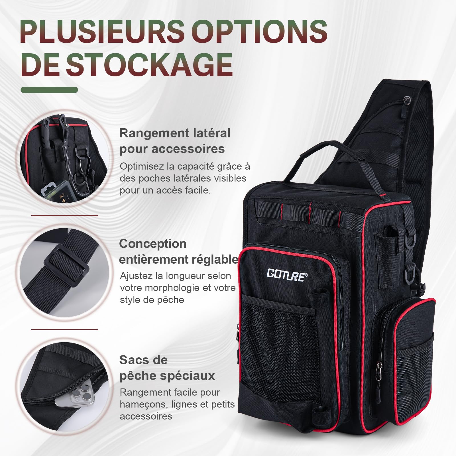 Goture Sac de pêche avec 3 boîtes à appâts, Sacs de pêche avec Une Sangle, Oxford 900D, Plusieurs Poches, imperméable, Sac de Poitrine à bandoulière pour la randonnée