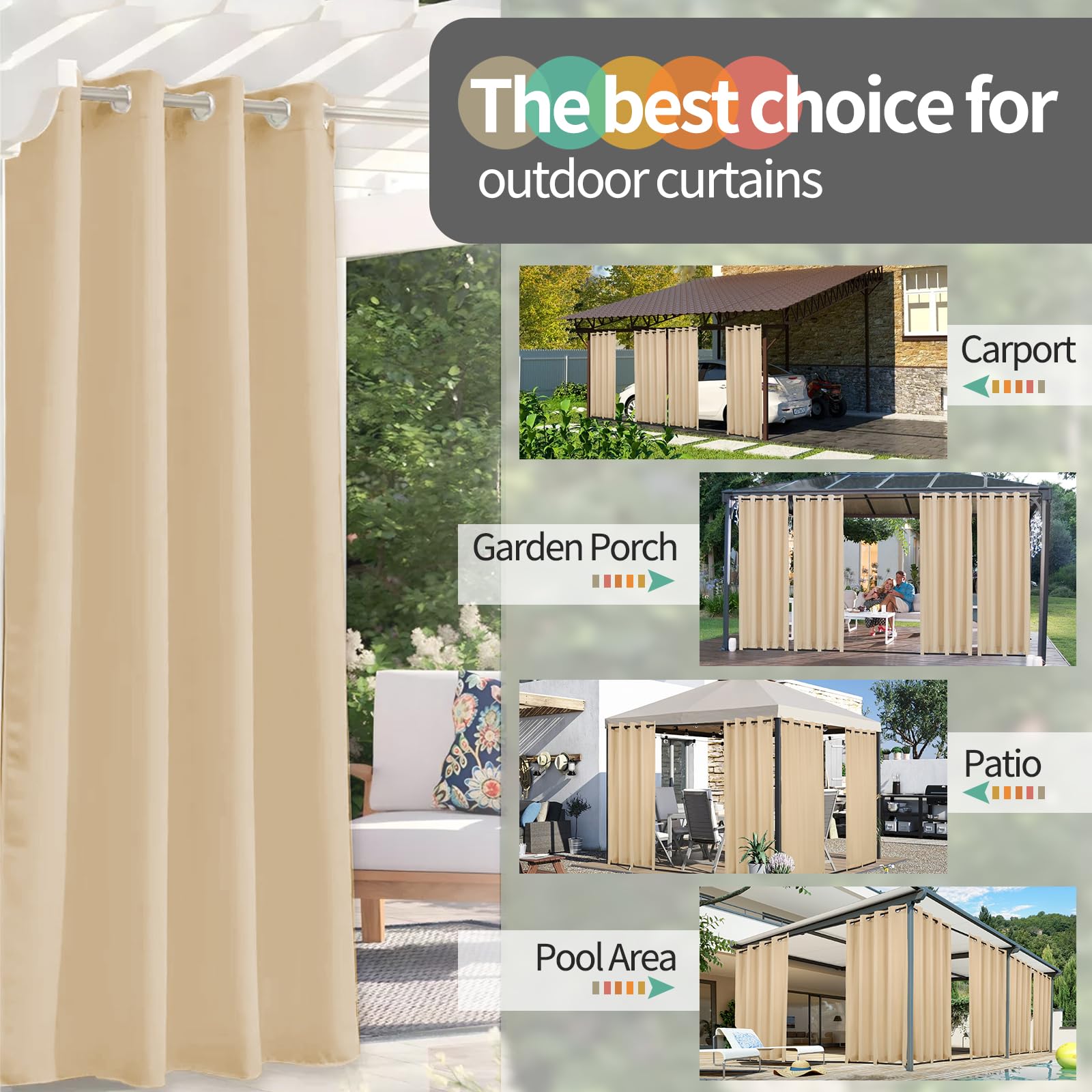 Teruntrue Rideau Extérieur Lot de 2 Rideau pour Pergola Occultant Résistant aux Intempéries avec Oeillet, Rideaux pour Tonnelle, Balcon, Terrasse, Rideaux avec Passants en Bas, H213 x L132 cm, Beige