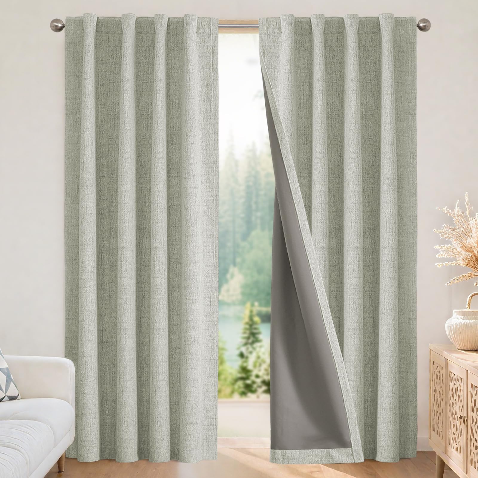 Joydeco 100% Blickdichte Vorhänge mit Schlaufen Verdeckten Leinenoptik, Verdunkelungsvorhang Stangendurchzug Gardinen Thermovorhang Leinen Hitzeschutz für Wohnzimmer