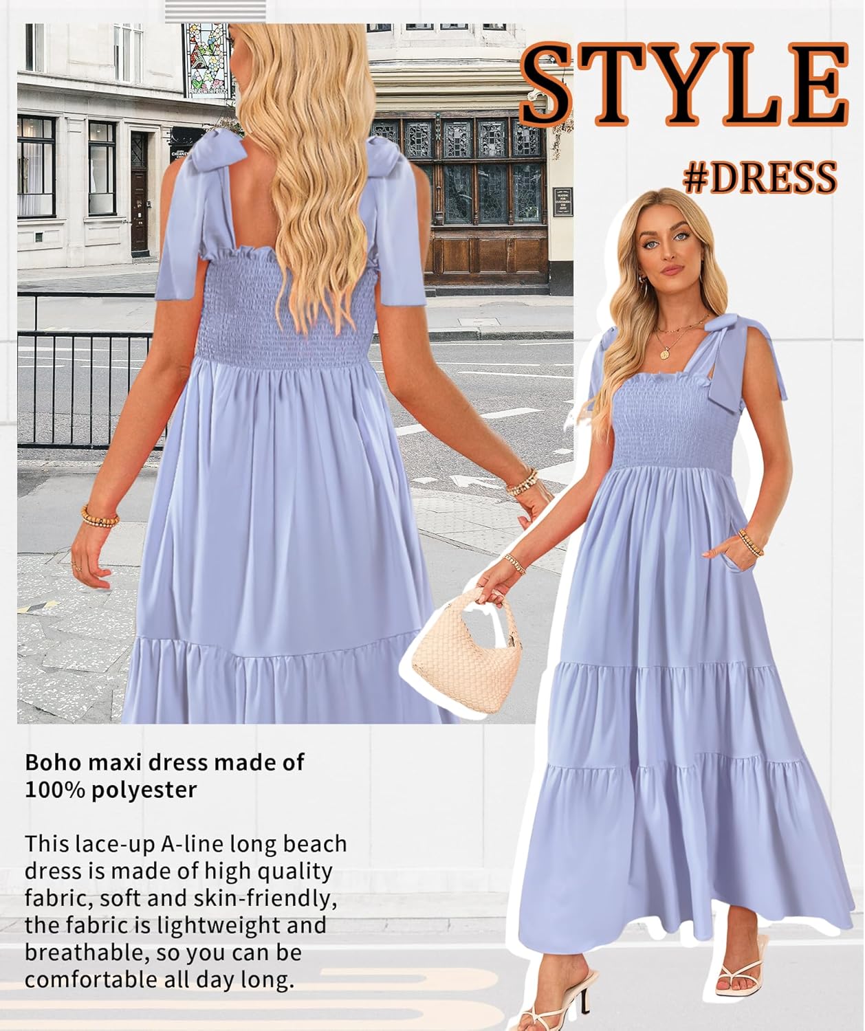 Women's Summer Maxi Dress Boho Spaghetti Straps Casual Long A-line Smocked Beach Dress Square Neck Flowy Sun Dress - Image 2