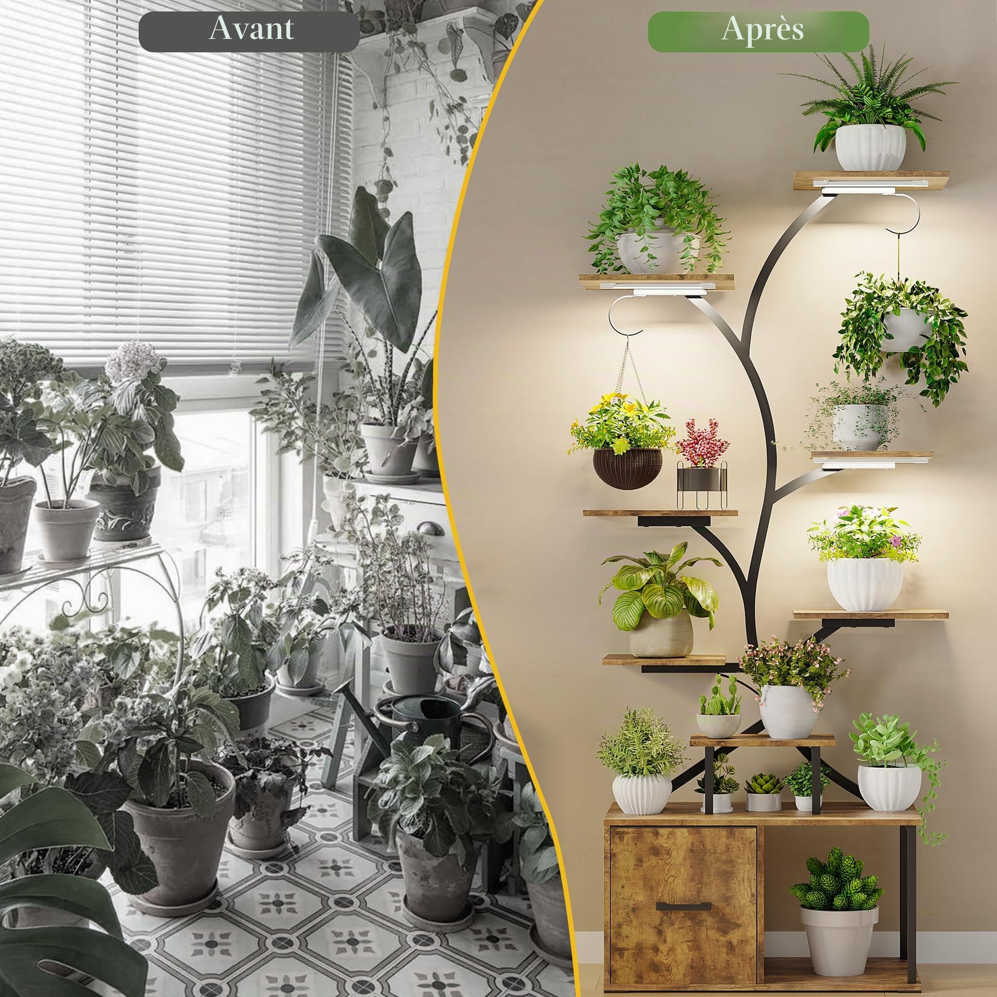 Support de fleurs avec lumières de croissance - Étagère à plantes à 9 étages en bois et métal avec grande capacité de stockage - Armoires - 156 cm - Pour l'intérieur et l'extérieur - Pour balcon