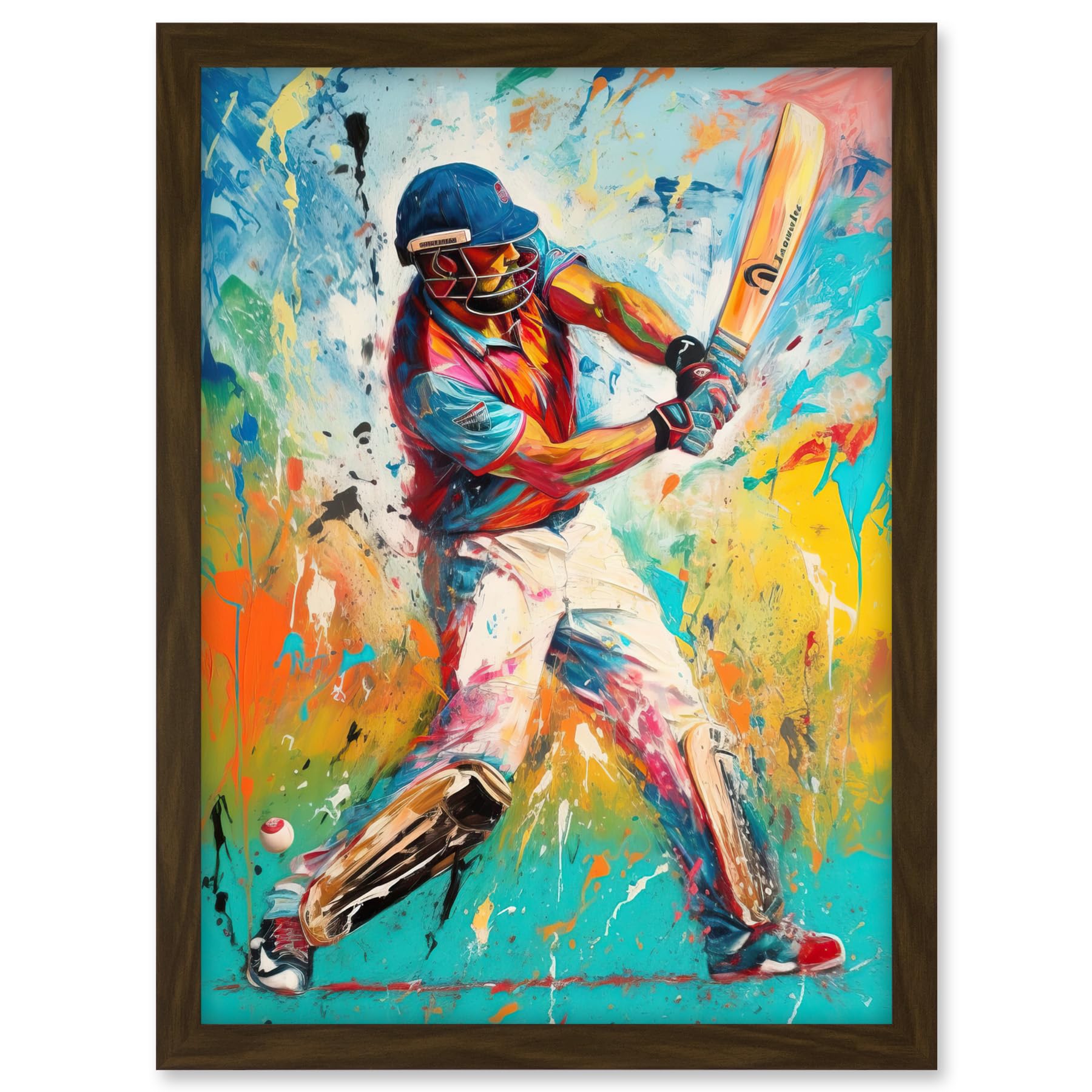 Artery8 Cricket Shot Vibrant Cricketer Batsman Portrait Artwork Framed A3 Wall Art Print