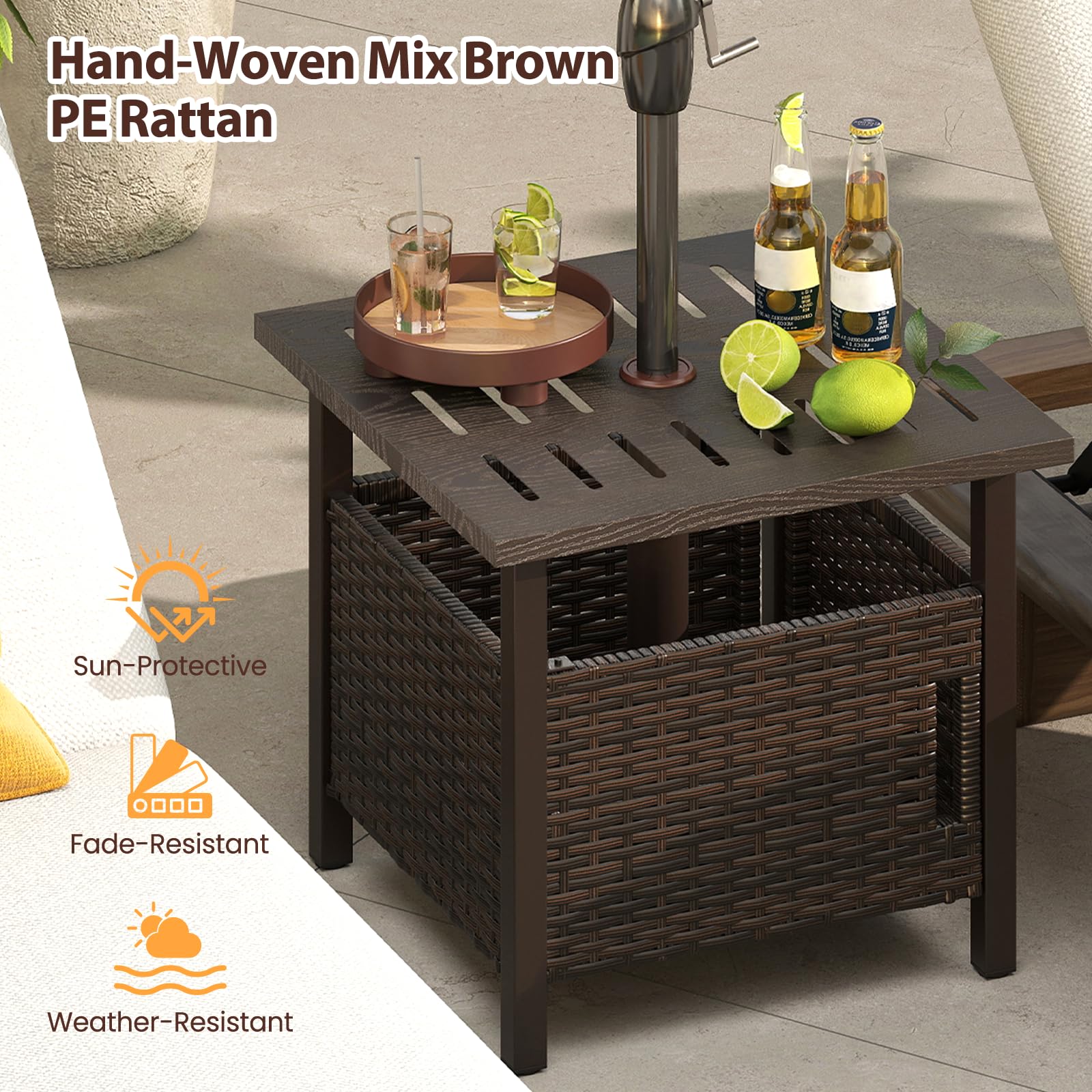 LIFEZEAL Mesa de Jardín de Polirratán con Orificio para Sombrilla, Mesa Auxiliar para Exterior, Resistente a la Intemperie, Mesa de Terraza con 2 Sacos de Arena, para Balcón y Jardín, Marrón