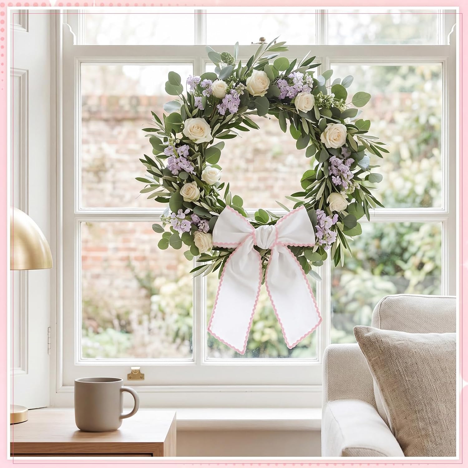 2 Pcs Scalloped Wreath Ribbon Sash for Front Door, Cotton RIC Rac Trim Wreath Accessories, Wedding & Home Wreaths Decor for Yard Doorway Indoor Outdoor Bridal Shower(Pink)