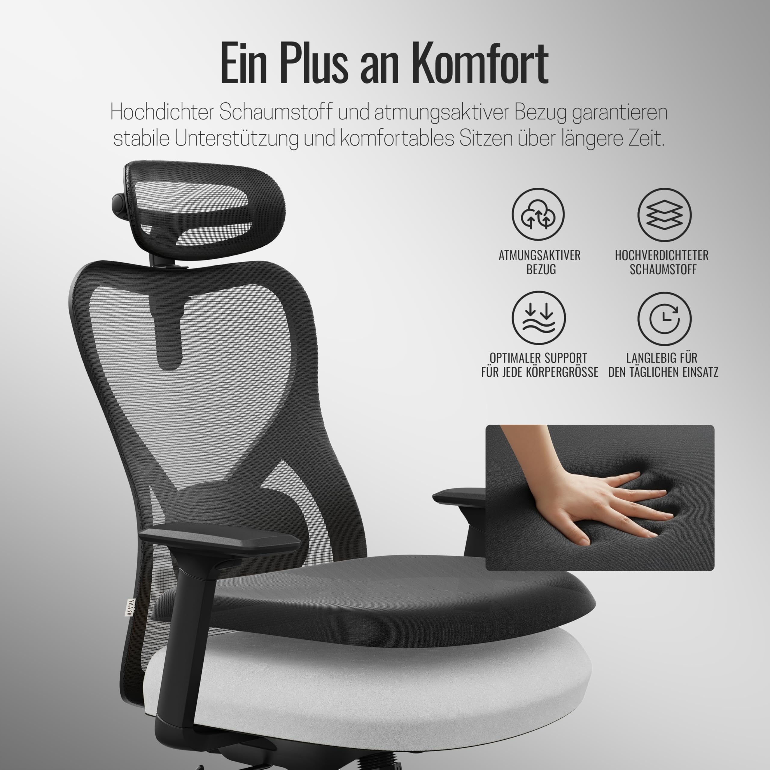 Yaasa Chair Plus, Bürostuhl des Jahres 2026, ergonomischer Schreibtischstuhl mit Kopfstütze 2D-Lordosenstütze & 4D-Armlehnen, Drehstuhl-TESTSIEGER gesundes Sitzen, Homeoffice Büro, Flüsterrollen 150kg