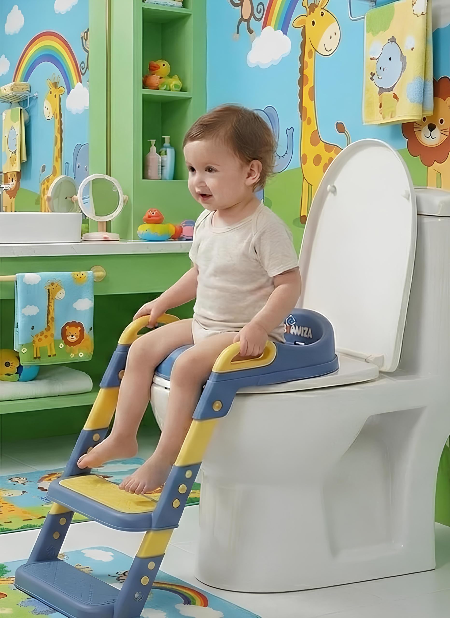 baby potty training seat ladder for kids(6m - 7y) | adjustable height | potty seat with splash guard, handle | anti-skid base, supportive backrest | step stool toilet trainer | blue & yellow